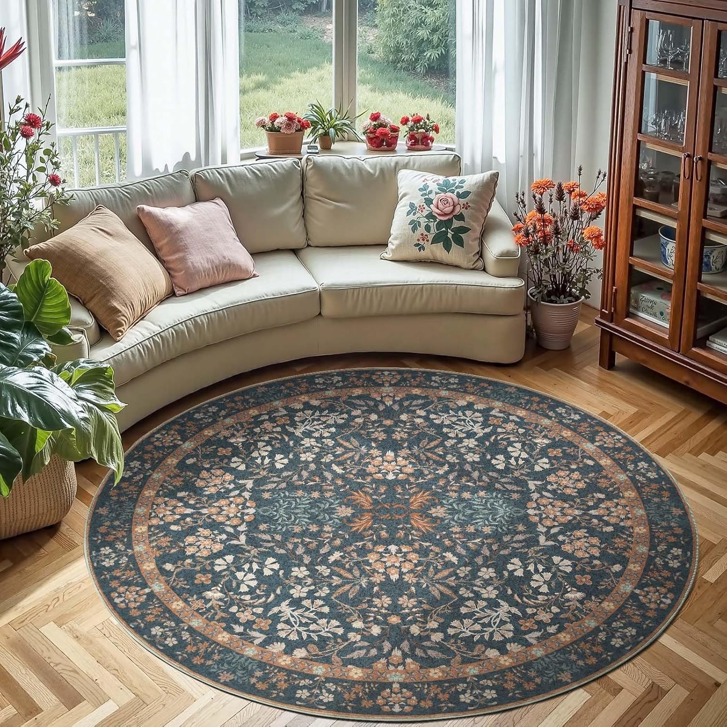jinchan Round Rug 6ft Area Rug, Soft 6'Circle Vintage Floral Rug Ultra-Thin Non-Slip Low Pile Machine Washable Carpet for Entryway, Bedroom, Living Room, Dining Room, Office, Foyer, Dark Blue 6' (Round) Dark Blue