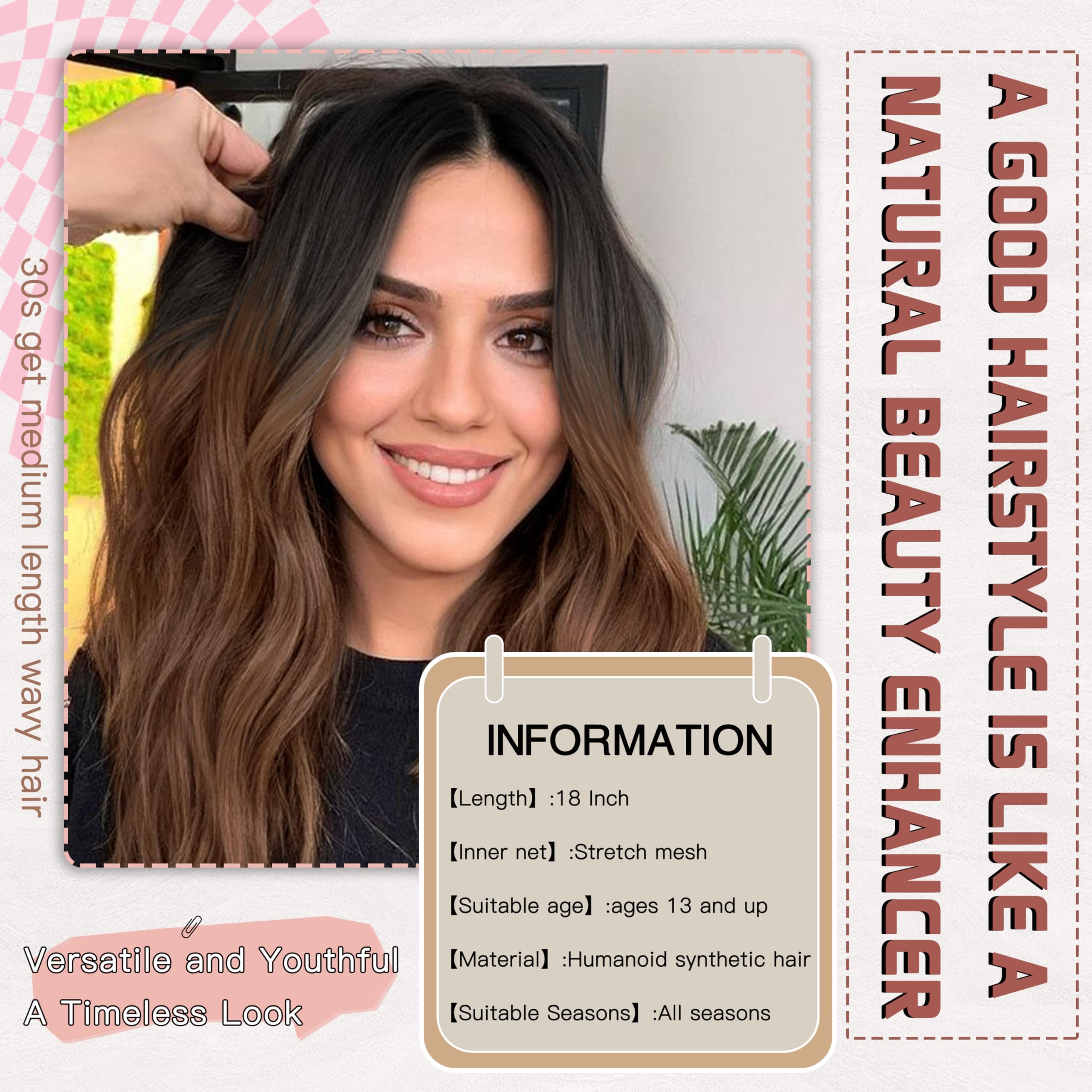 BUPPLER Black Ombre Brown Wig 18 Inch Medium Length Wigs for Women Middle Part Synthetic Hair Wavy Wig with Upgraded Strands,Natural Hair Wigs for Daily Party/Halloween Use 18Inch,Black Ombre Brown - Image 2