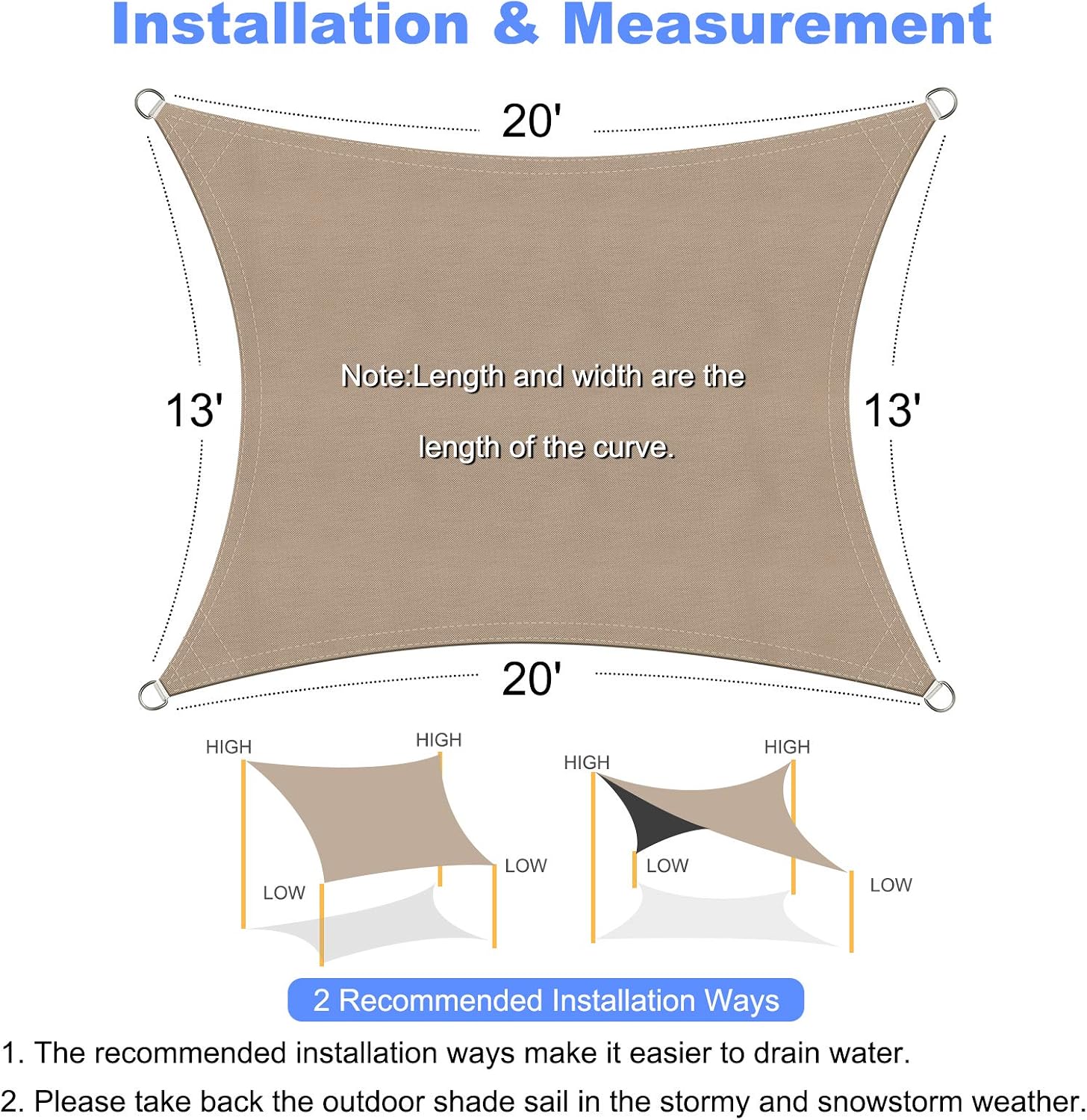 Amazmic Sun Shade Sail Rectangle 13'x20' UV Block Waterproof Canopy Outdoor Activities Patio/Garden/Backyard/Swimming Pools/Carports, Khaki