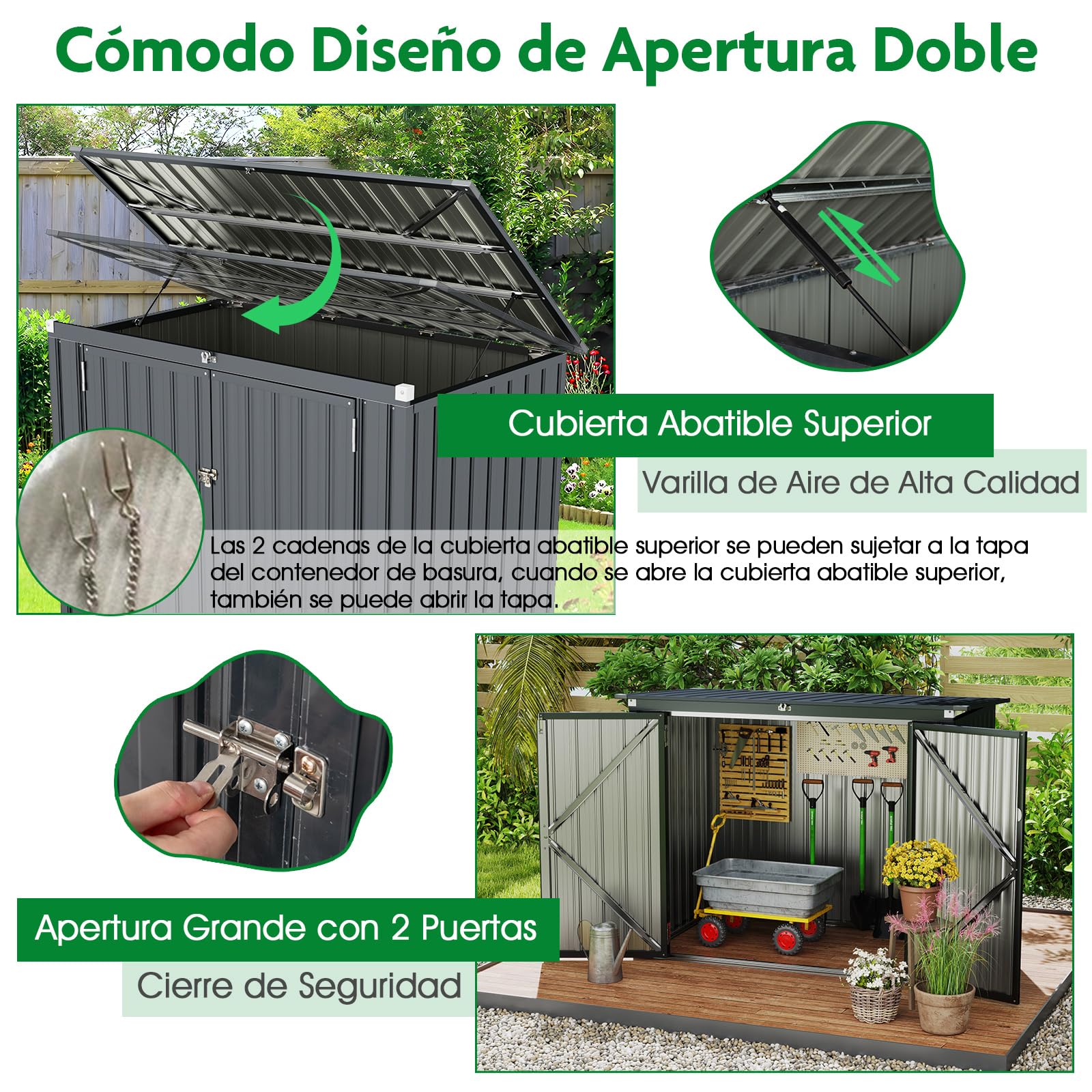 COSTWAY Caseta Jardin Exterior 1,5 ㎡, 2260L, 172x95,5x130 cm, Cobertizo Jardin Exterior, Tapa Abatible y 2 Puertas con Cerradura, Metal, Pistones de Gas, Techo Inlinado, Contenedores de Basura (Gris)