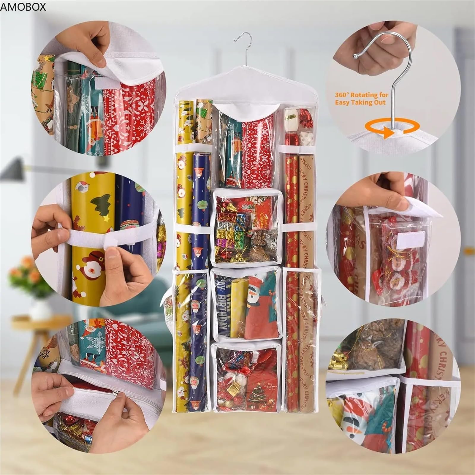 Geschenkpapier Aufbewahrung Hanging Gift Wrap Storage Organizer, Wrapping Paper Storage Hanging Gift Bag Organizer Station With Multiple Pockets(Black)
