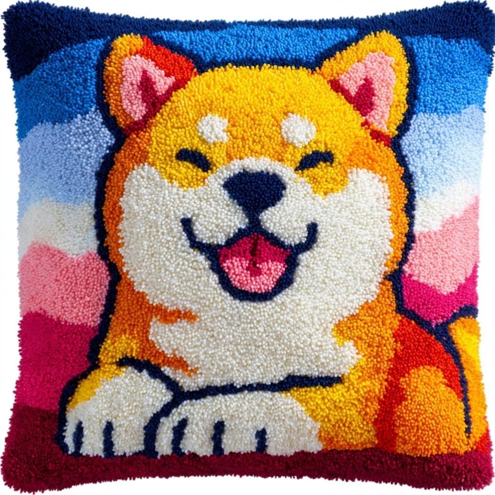 Axiangzik Diy Latch Hook Pillow Kit,Akita Inu Animal Dog 17X17inch Printed Pillowcase Crochet Yarns Hooking Handmade Cushion For Home Sofa Decoration