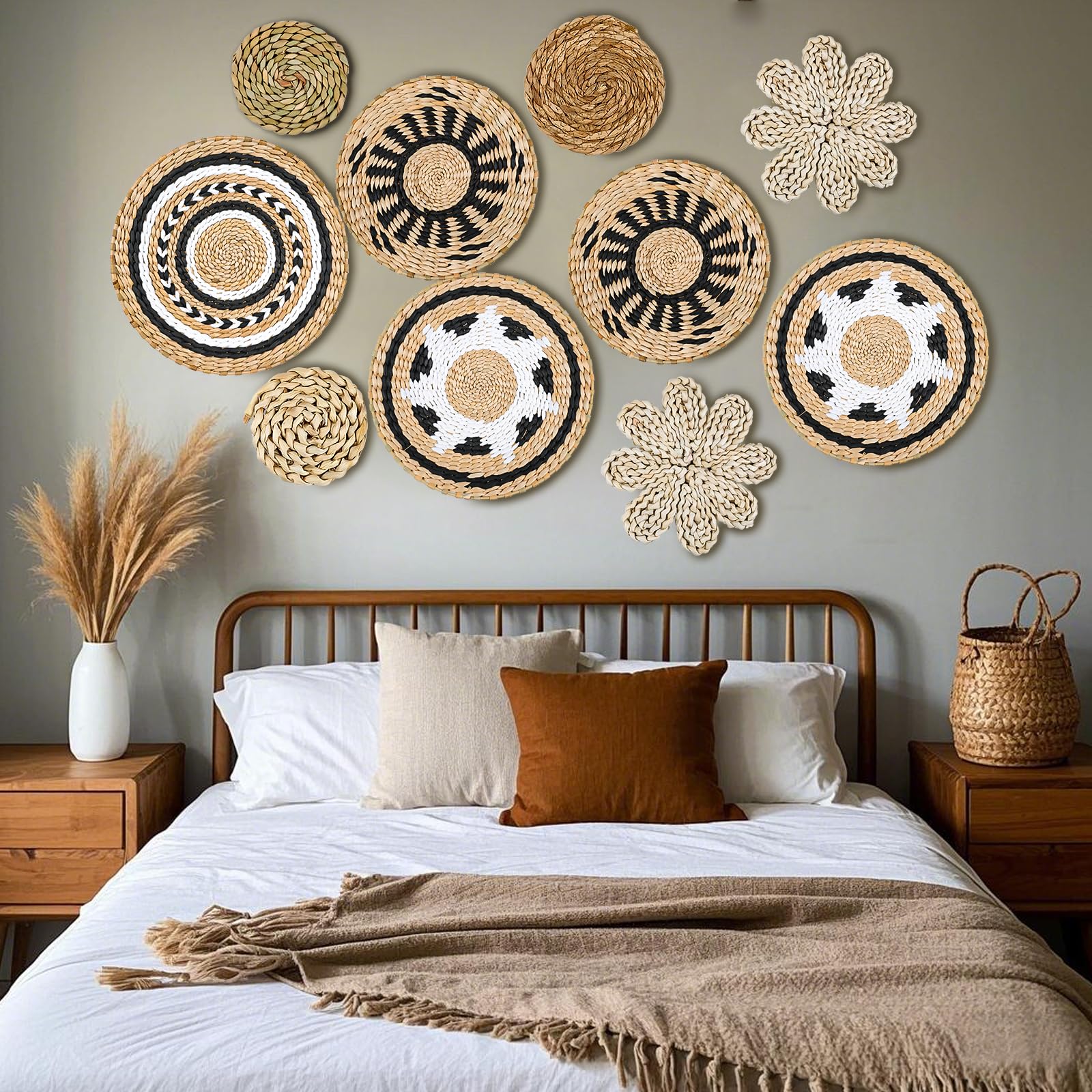 YIYA 10 Piezas Decoración de Cesta de Pared Pared de Cesta Bohemia Tejida a Mano Cestos Mimbre Decoración Pared pared Sala de Estar o Dormitorio