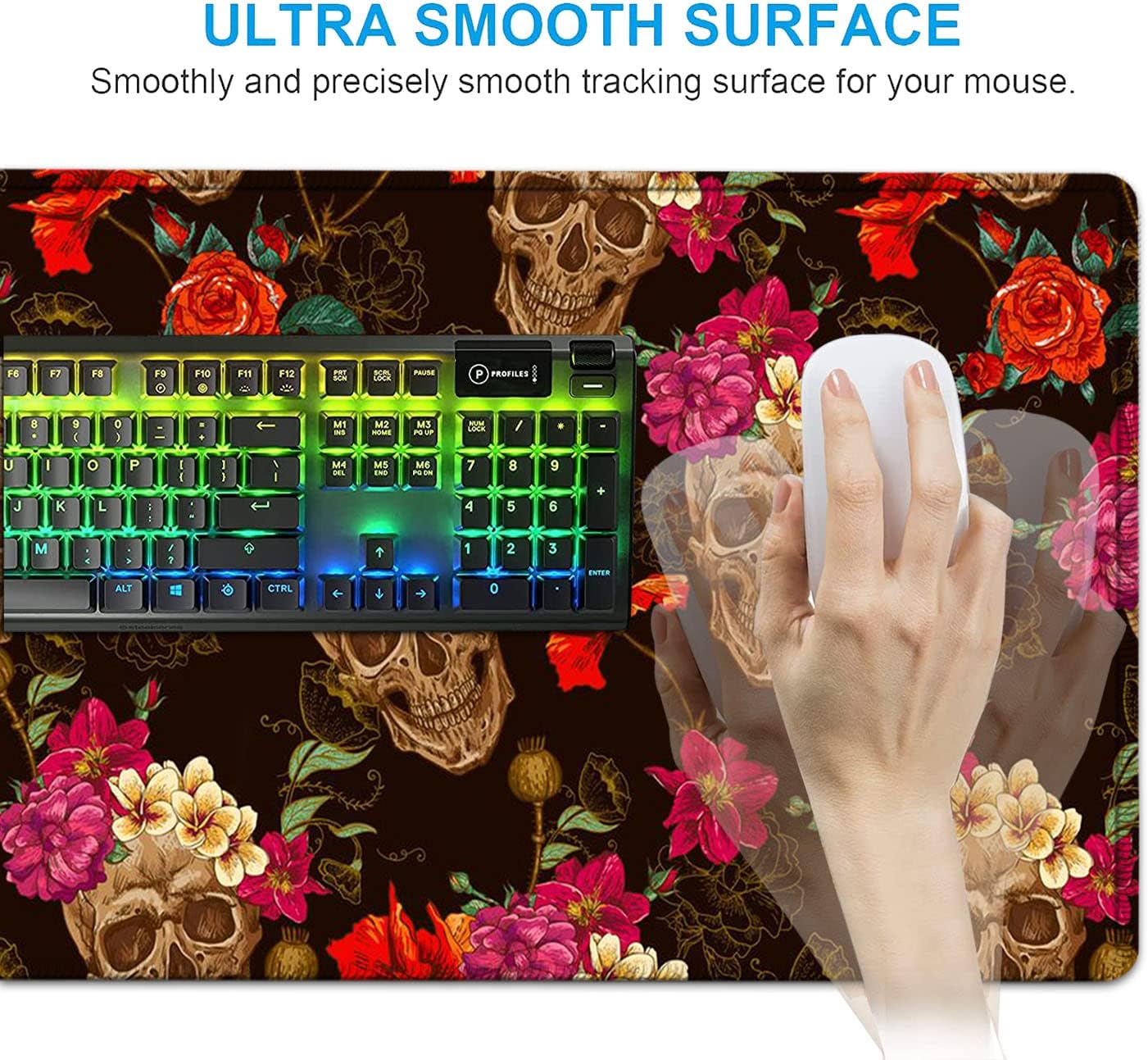Black Mouse Pad,Keyboard Mouse Pad Set,Extended Gaming Mouse Pad + Memory Foam Keyboard Wrist Rest Support, Rose Flower Skull Office Desk Mat Writing Pad Easy Typing, XXL Large Mousepad Desk Mat