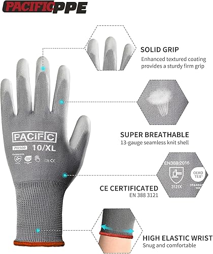 Vista 10 de PACIFIC PPE Guantes de trabajo con revestimiento de poliuretano, 18 pares, guantes de trabajo para pantalla táctil para hombres y mujeres, guantes