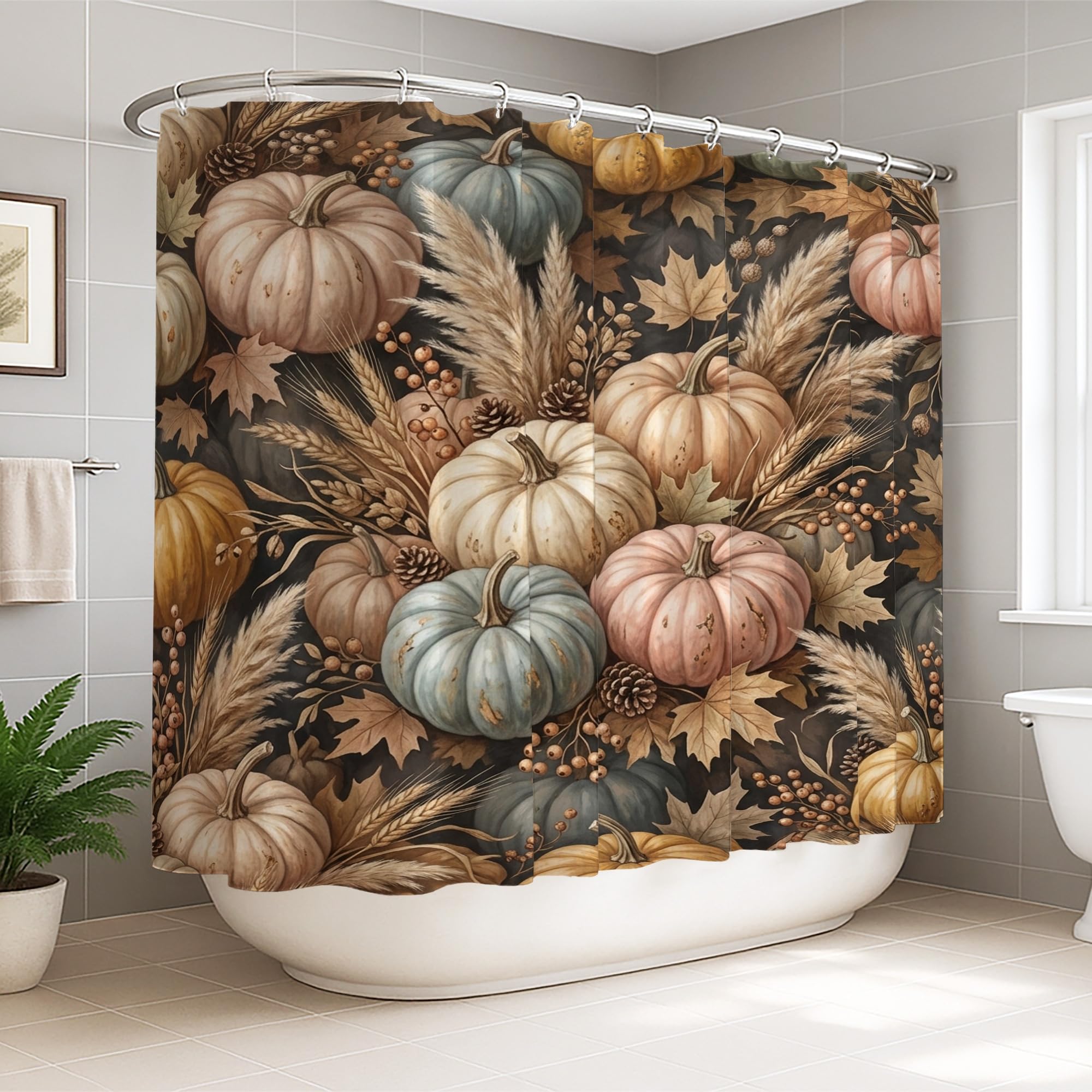 Rideau de douche motif citrouilles pour décorer une salle de bain familiale en automne