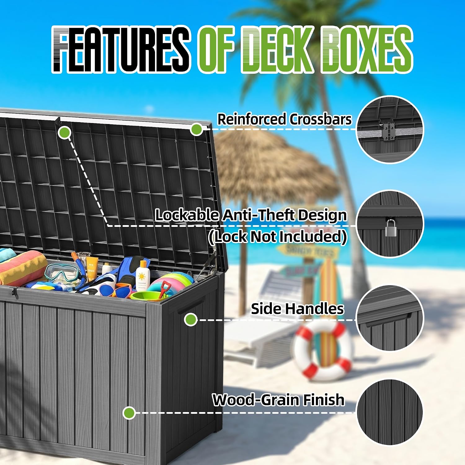 200 Gallon Outdoor Storage Deck Box Waterproof Resin Lockable Outside Bench Porch Patio Furniture Pool Float Garden Tool Cushion UV Resistant Bin Black