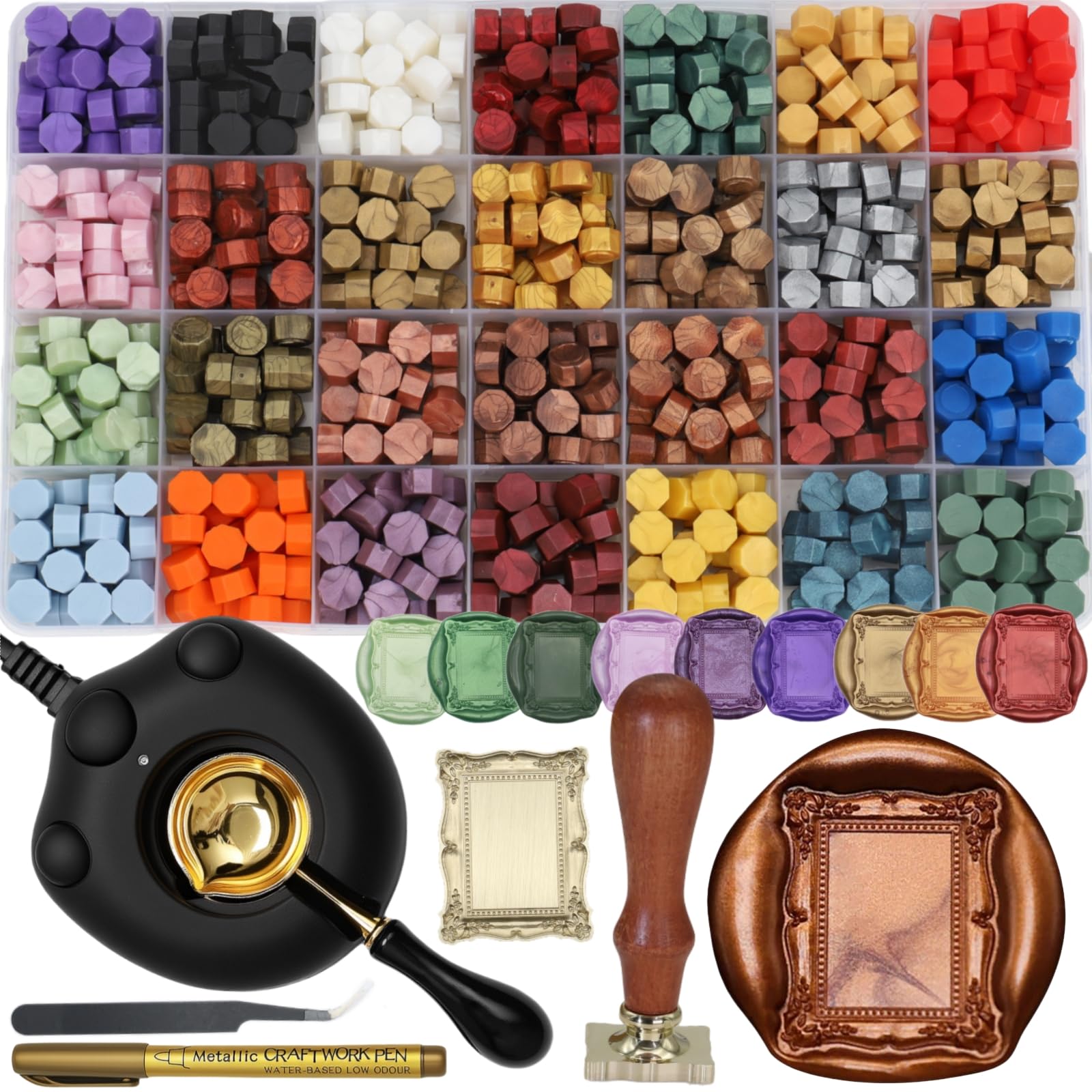 Kit di 728 perline di ceralacca elettriche, con scaldacera elettrico, fornace, telaio, penna dorata, pinzette (K001)