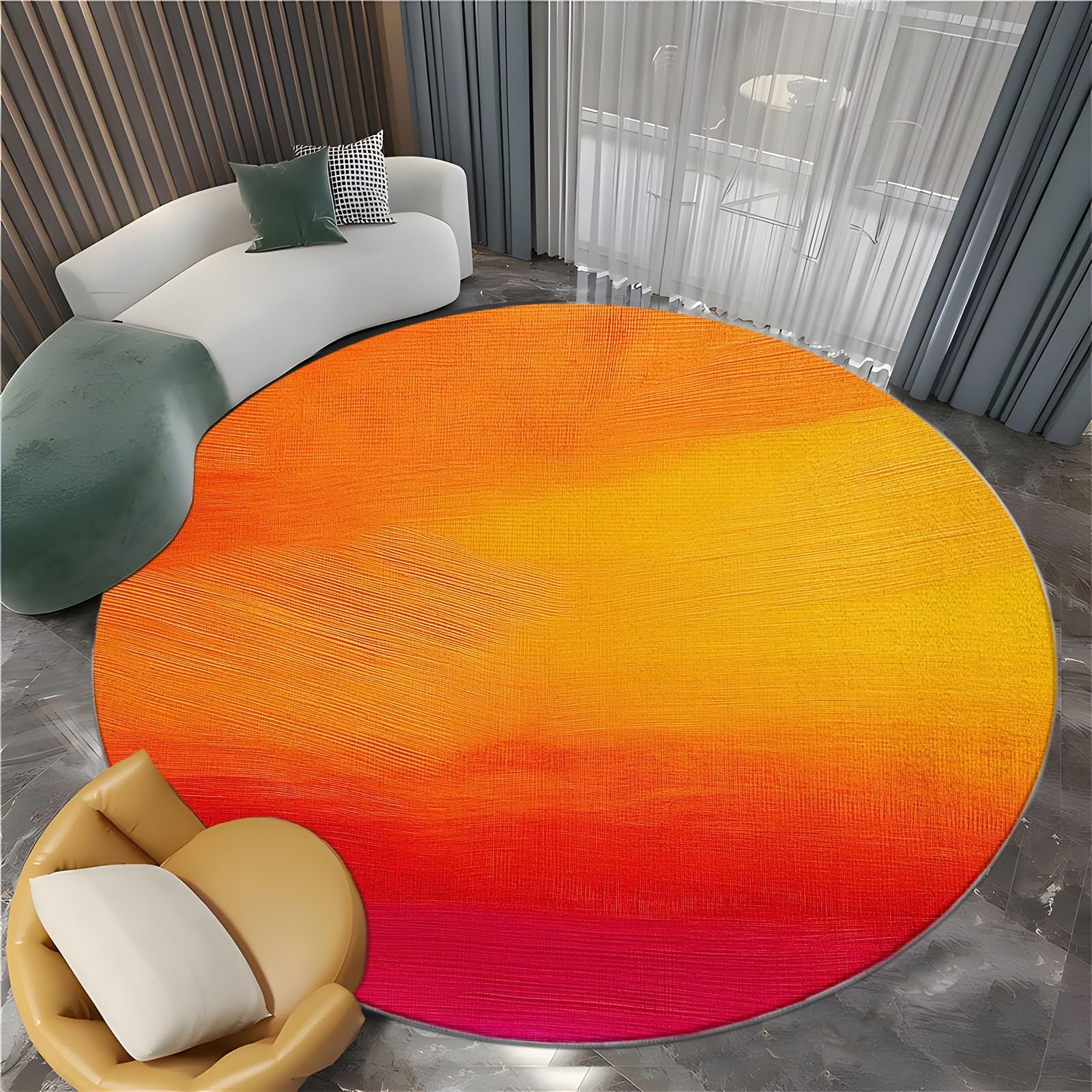 Kuscheliger Kurzflor Rund Teppich 120 cm, Robuster Wurfteppich mit Einfach Sonnenuntergang Farbverlauf aufgedrucktem Muster - Anti-Rutsch-Unterseite und ideal als Indoor Akzent (Orange-Rot)