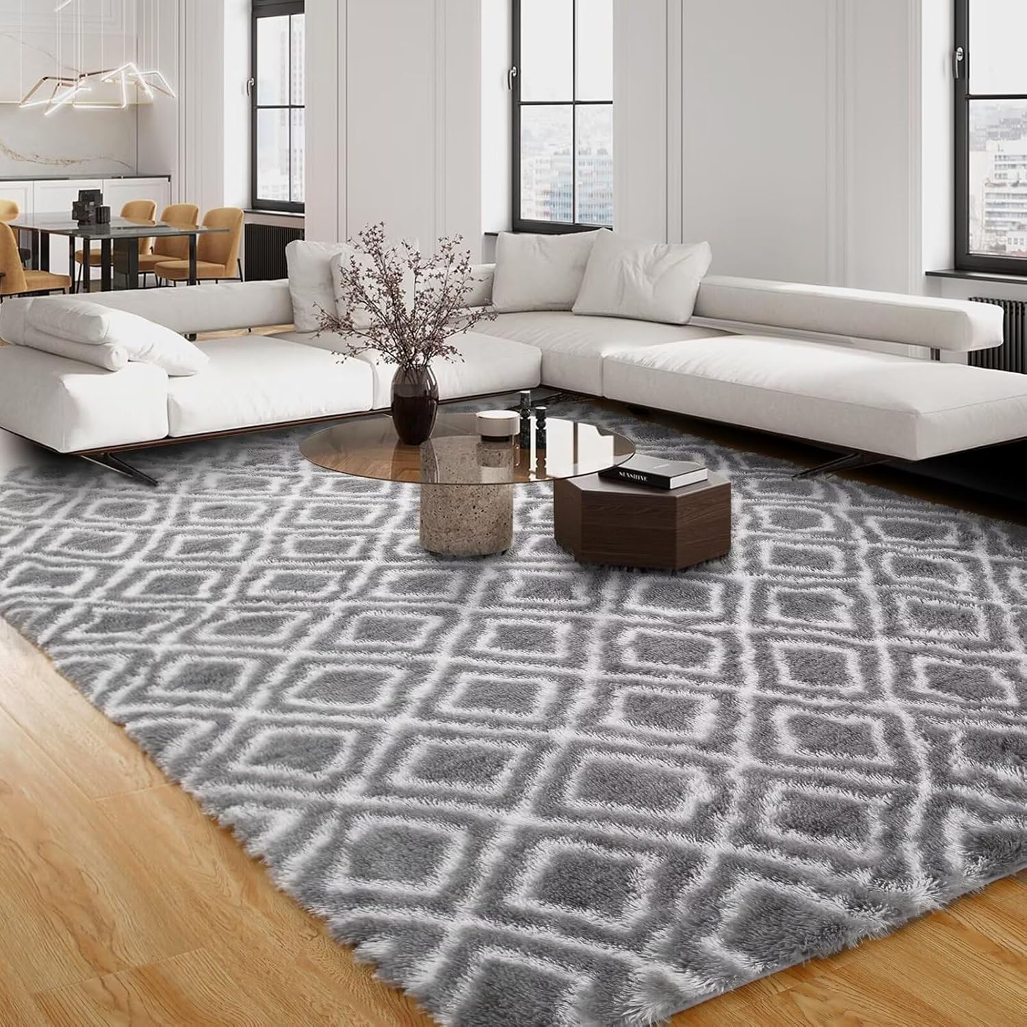 WESTLOOM Modern Plush Indoor Rug 5x8 Ultra Soft Shaggy Fluffy Carpet for Living Room Fluffy Trellis Nursery Rug Non-Slip Playing Mat for Kids' Bedroom Babys' Playroom Bedroom Dorm Trellis Dark Grey