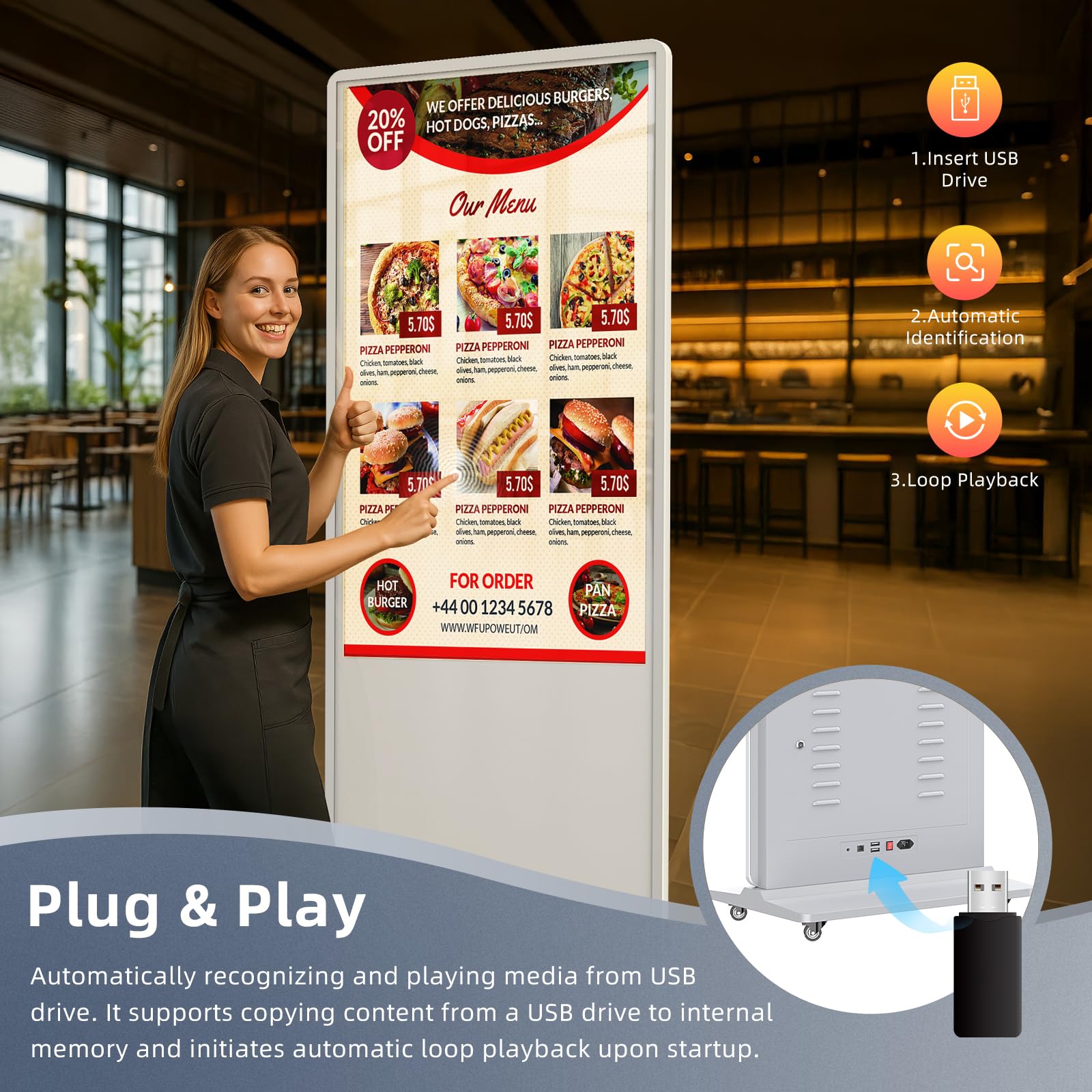 49 Zoll Digitales Werbedisplay Kundenstopper, Nicht-Touchscreen Digital Signage Player Android OS, Gehwegaufsteller Werbetafel, IPS HD Plakataufsteller, LCD Plakatständer