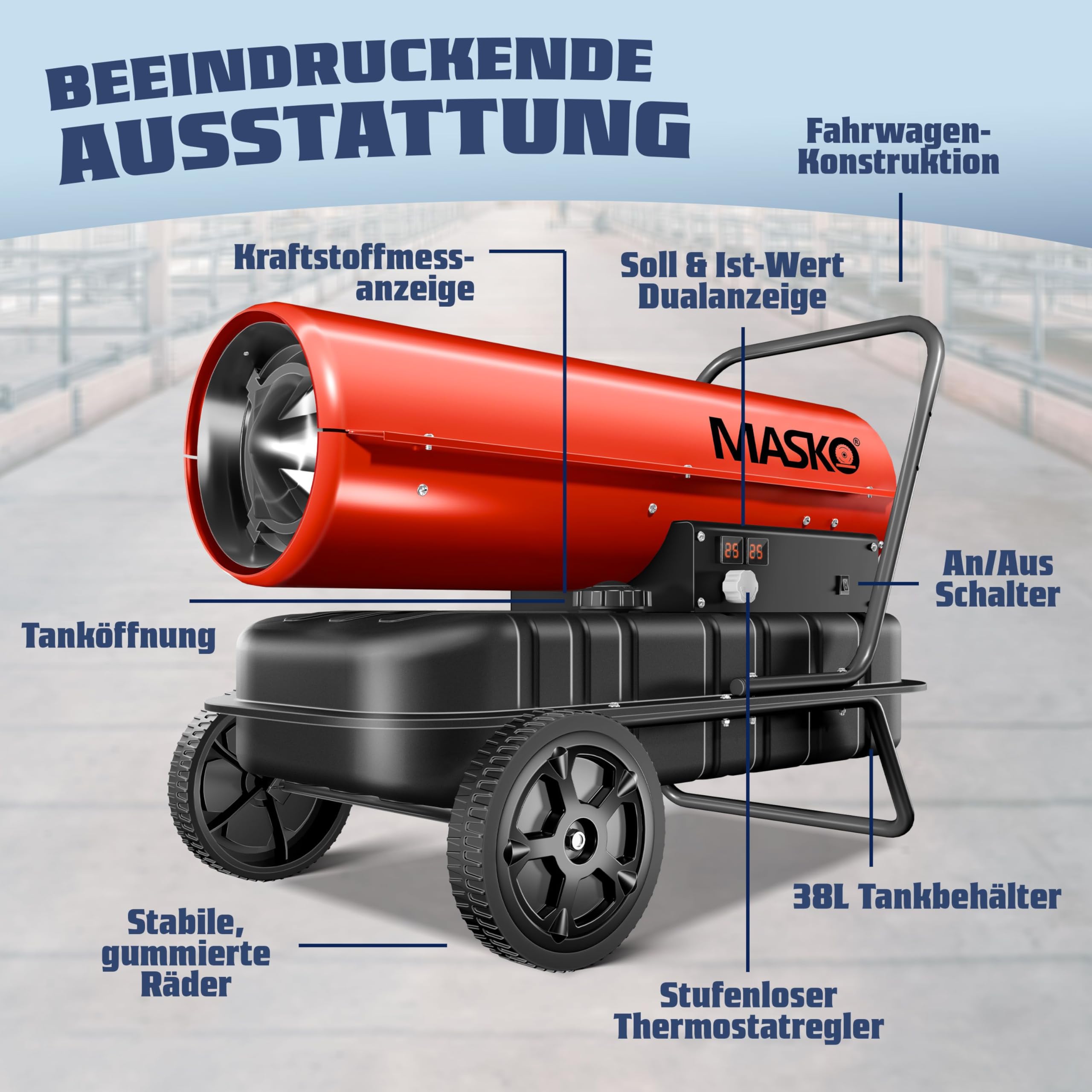 Masko® Canon de Chauffage 30 KW Diesel Sécheur de Chantier Chauffage de Chantier Générateur d'air Chaud radiateur soufflant 34 L Réservoir avec Thermostat Chauffage au fioul Débit d'air, Rouge/Noir