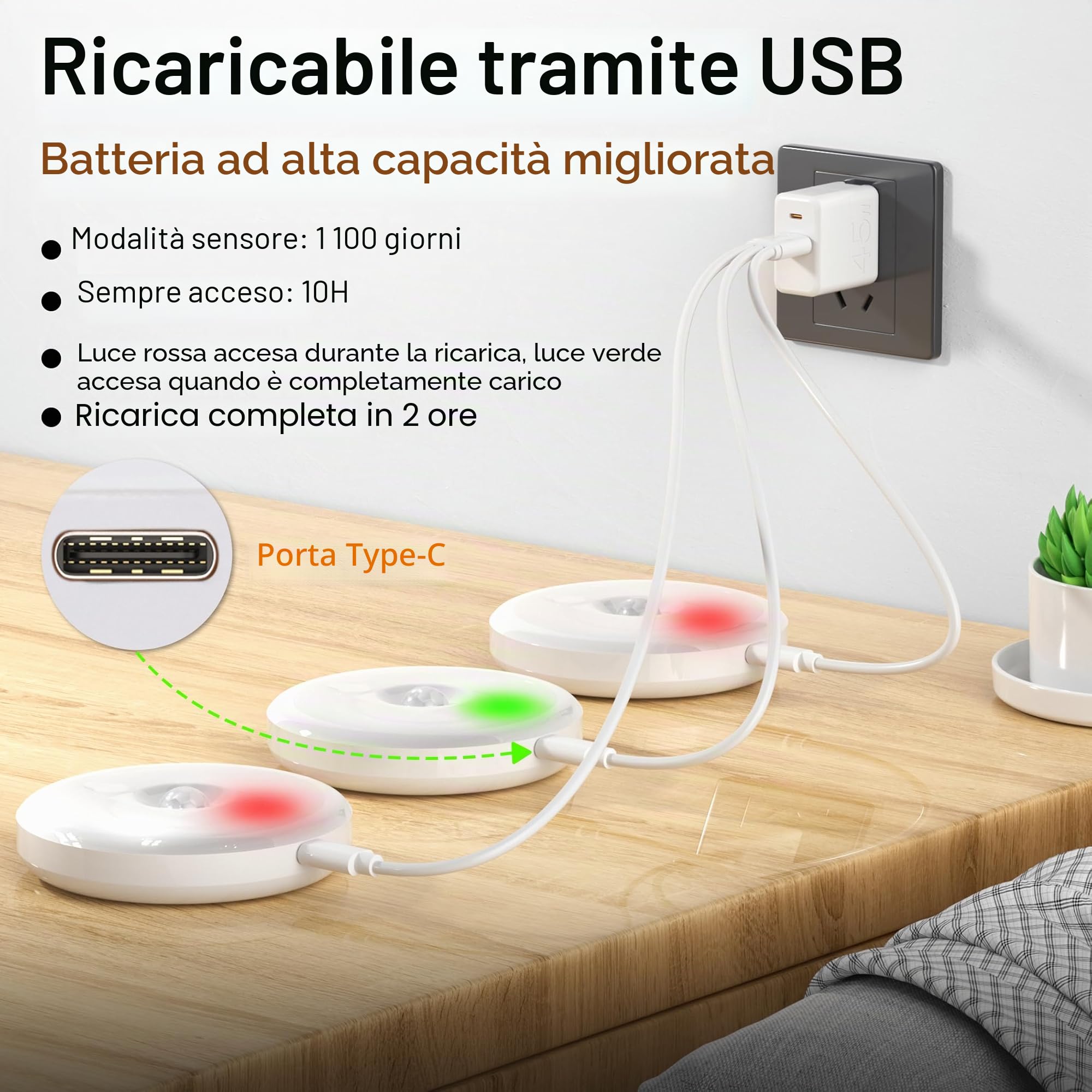 6 Luci Notturne con Sensore di Movimento, Luce LED Ricaricabile USB, Illuminazione per Armadio, 3 Modalità, Sensore di Movimento Interno per Illuminazione di Scale, Camera da Letto, Cucina, Cameretta