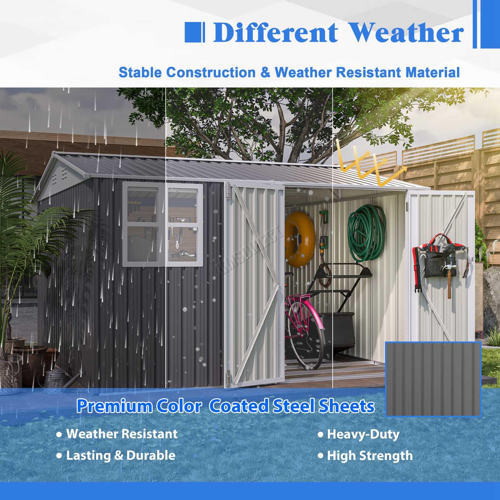 BIRCHTREE Garden Shed Steel Apex Roof House Outdoor Backyard Storage With Lockable Double Doors Window Free Foundation Tool Equipment Organizer Air Vents 10x10FT Grey — view 5