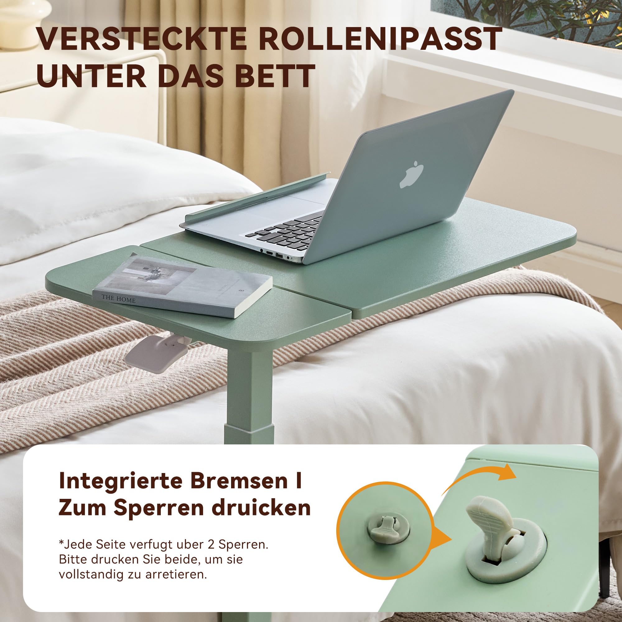 MUSSO AnyDesk-D5 - Escritorio portátil de pie con asiento de pie, altura regulable de 68 a 108 cm, mesa para ordenador portátil con muelle de gas, superficie de trabajo inclinable 90° (verde, 1 unidad