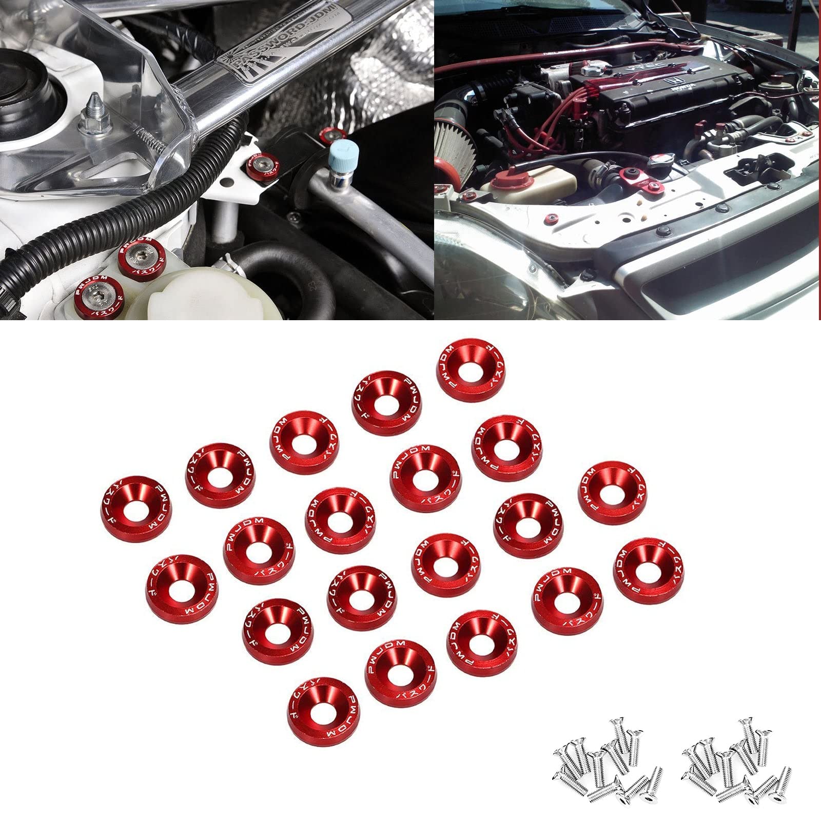20Pcs Red JDM Car Fender Washer Bolt Engine Bay Screw Dress 20Pcs Red JDM Car Fender Washer Bolt Engine Bay Screw Dress