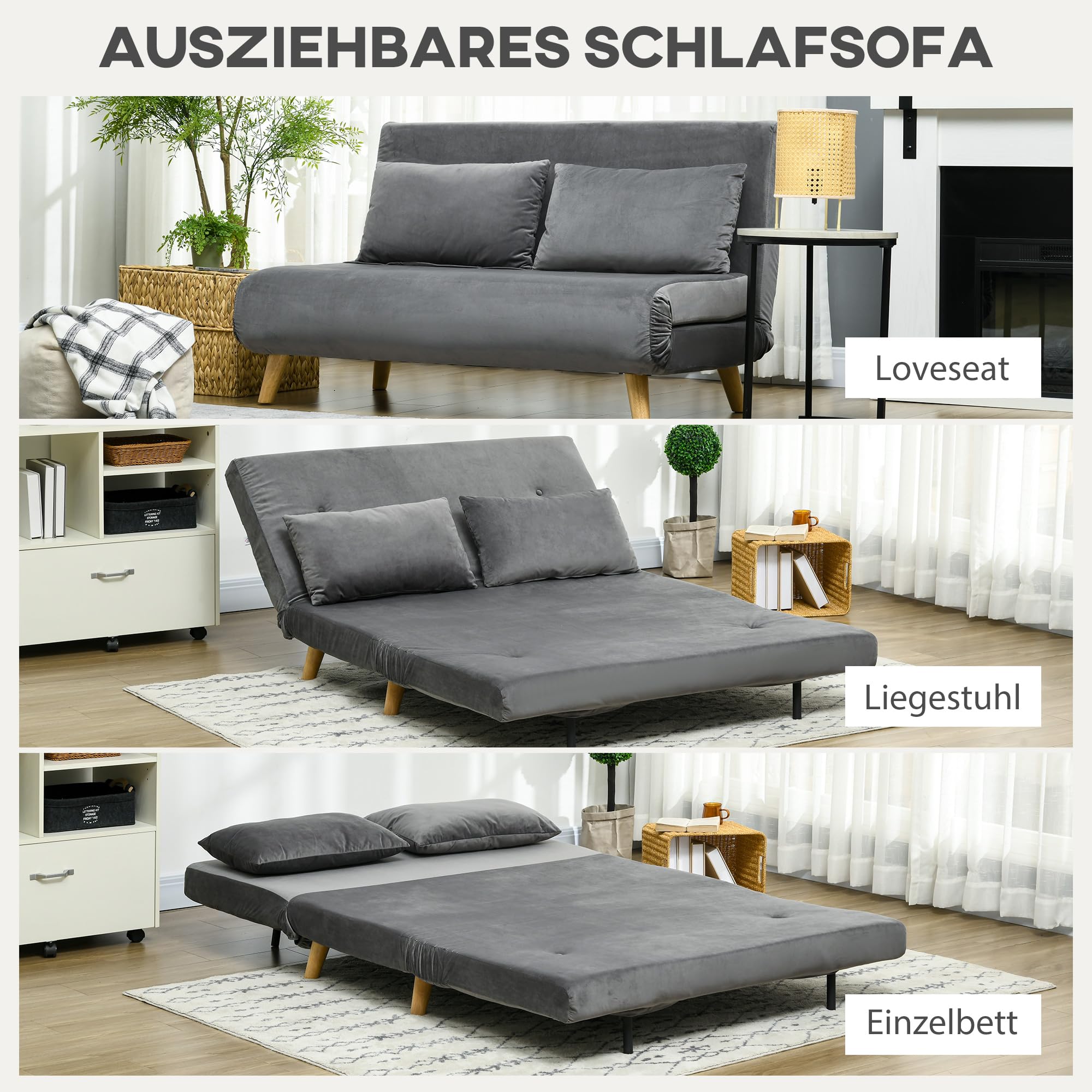 HOMCOM Sofa do spania 2-osobowa z funkcją łóżka, składana sofa z regulowanym oparciem, poduszka, sofa do spania o aksamitnym wyglądzie do salonu, szara, 130 x 78 x 79 cm