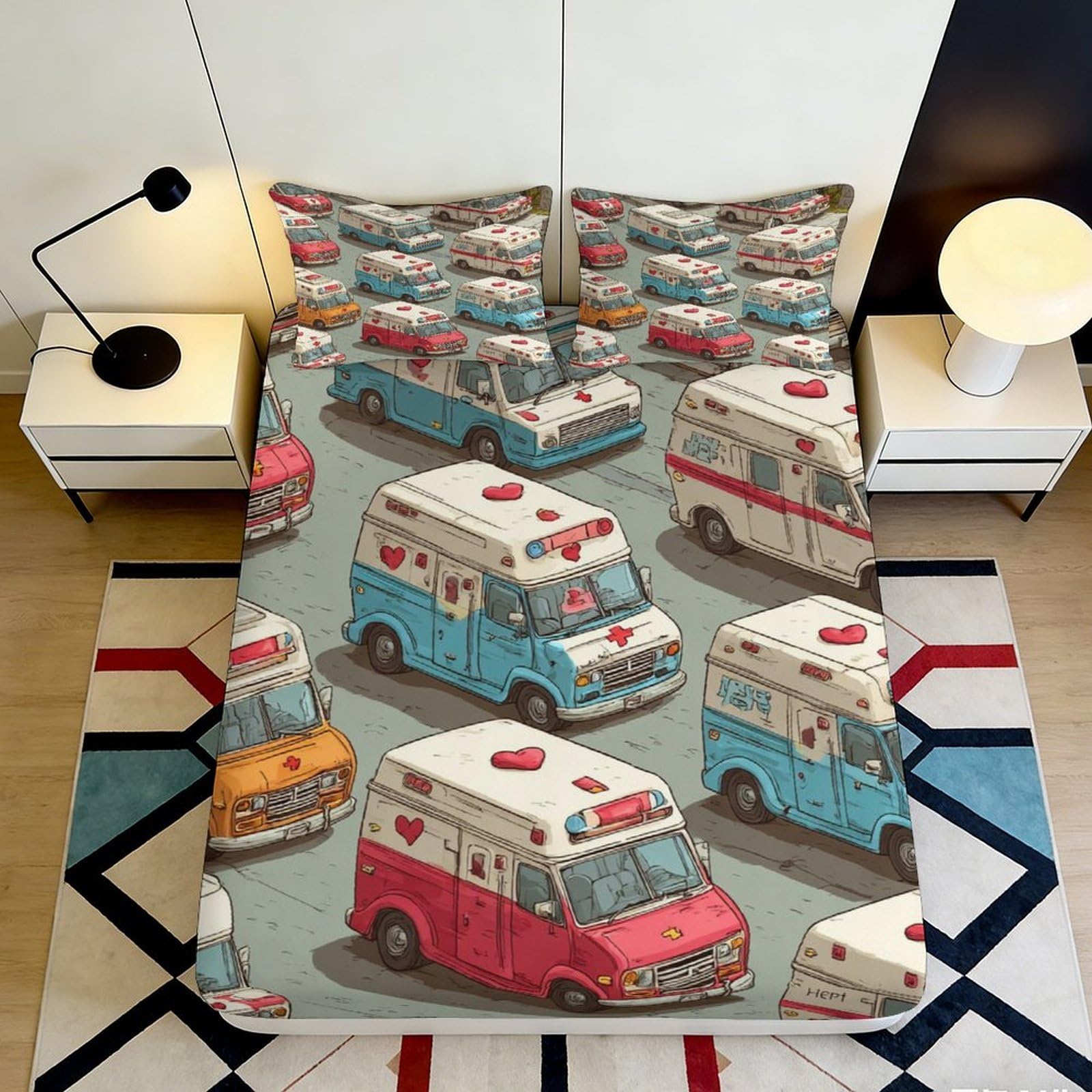 3D Printed Ambulance Theme Fitted Sheet Microfiber Non-Slip Deep Pocket Bedroom Bedding Ambulance Mattress Fitted Cover Washable 90x200x25cm