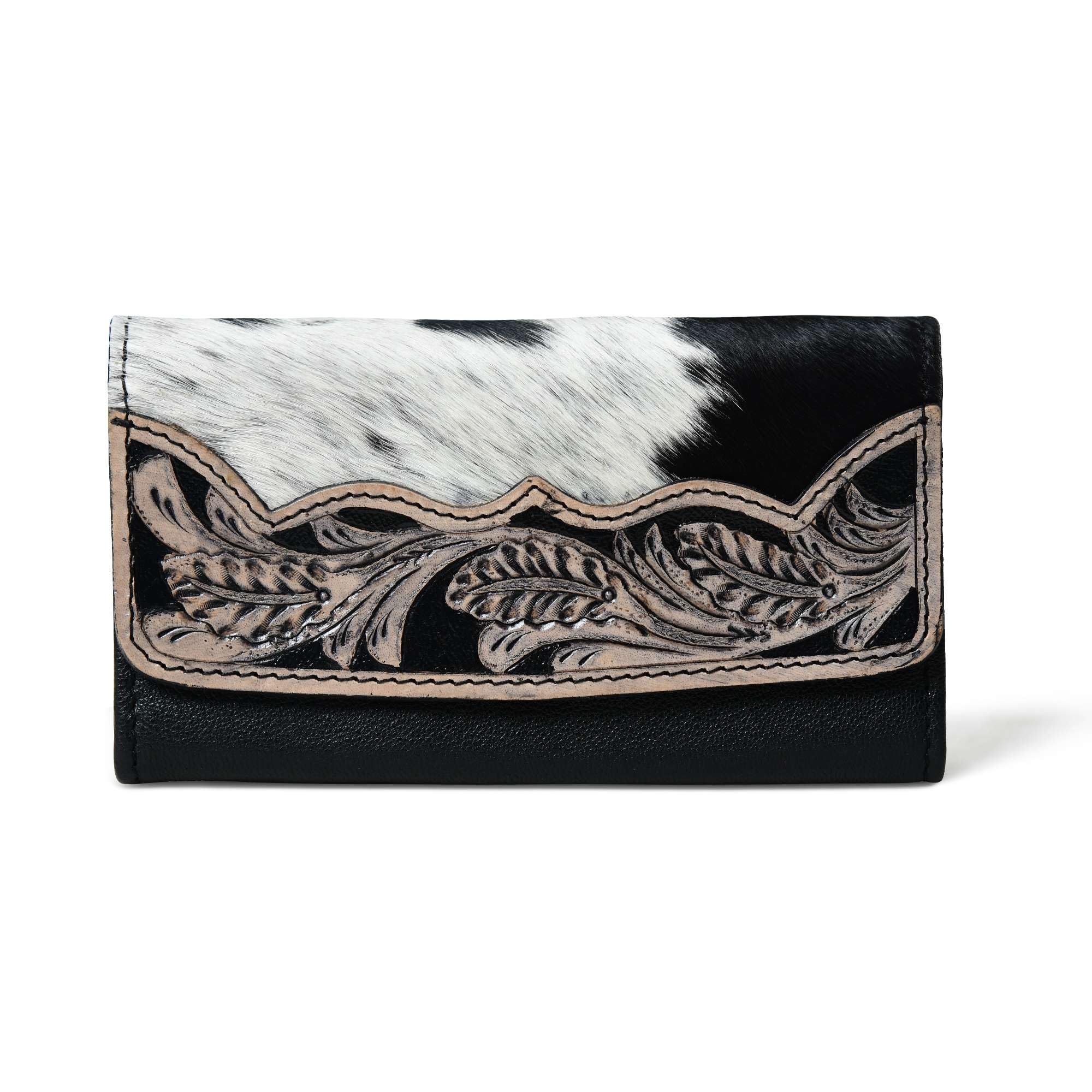 Merbaa Sundown Stash Tooled Leather Cowhide Hair On Wallet for Women RFID Blocking Trifold Wallet