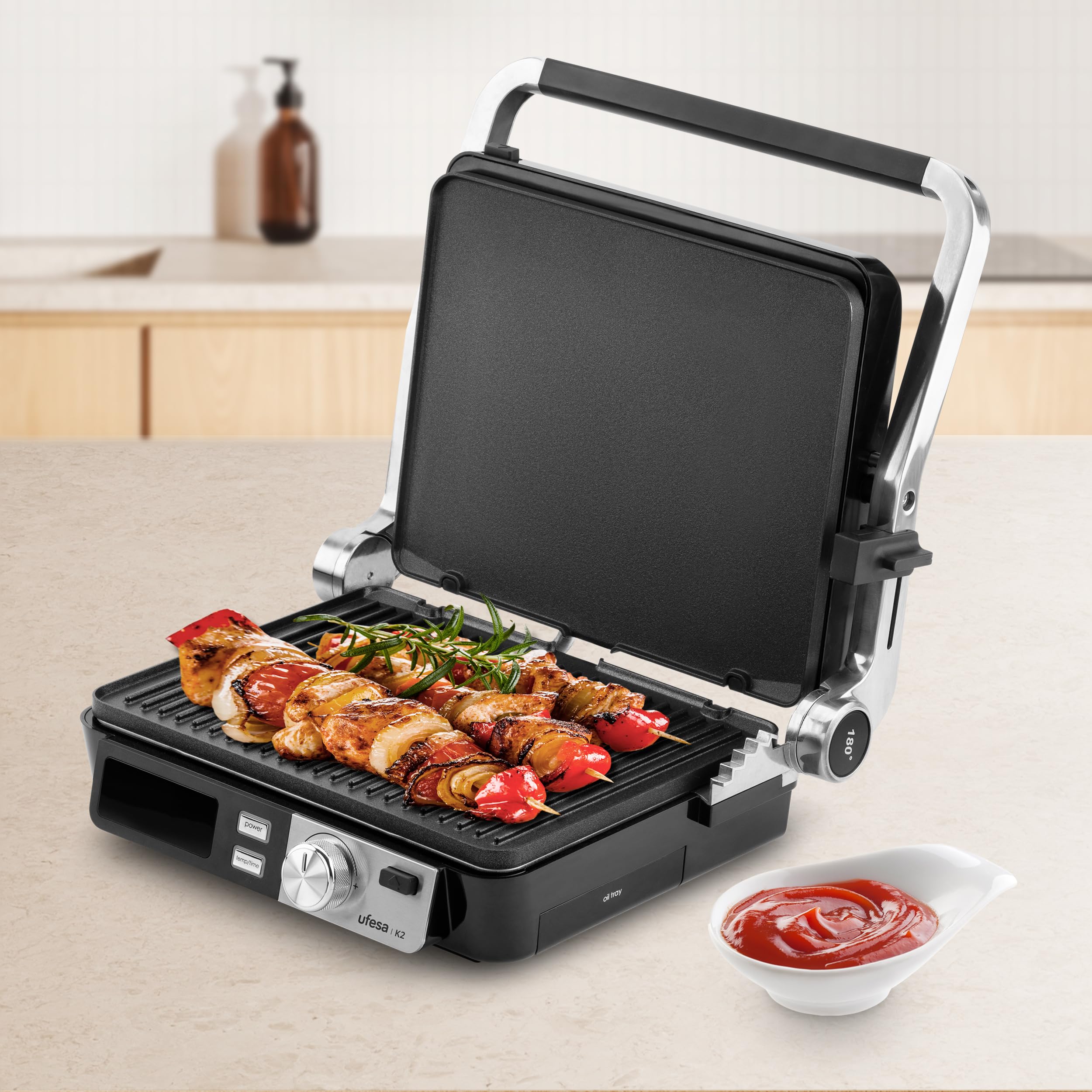 Ufesa PR K2 grill elektryczny, Panini Press Grill, 2000 W, płyty nieprzywierające 29 x 23 cm, wyświetlacz LCD, otwarcie od 105° do 180°, uchwyt zimny dotyk, sterowanie cyfrowe do 230 stopni, podajnik