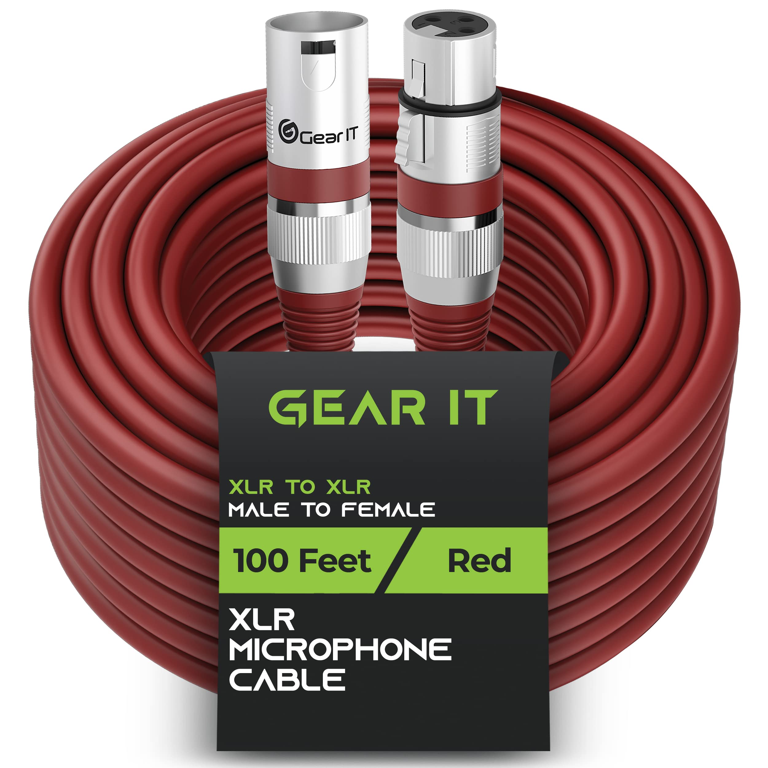 GEARit XLR Male to Female Microphone Cable (100 Feet, 1 Pack) 3-Pin Balanced Shielded Mixer, Recording Studio, Podcast - Red