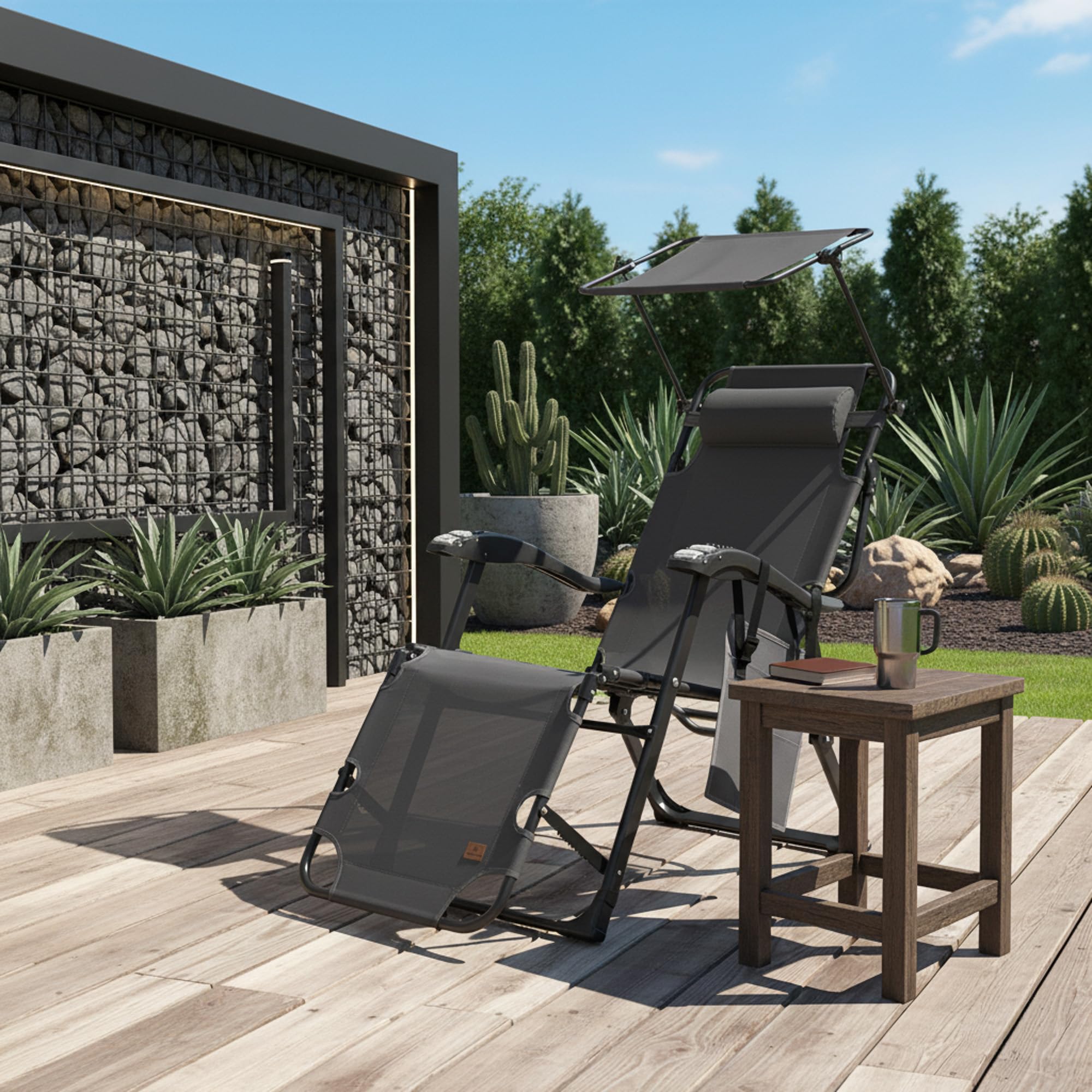 CampFeuer Sonnenliege mit Dach | Campingliege, Liegestuhl, Relaxliege | Gartenliege mit Sonnendach, Angelliege, Strandliege verstellbar| Klappliege, Terassenliege, Outdoorliege (Anthrazit)