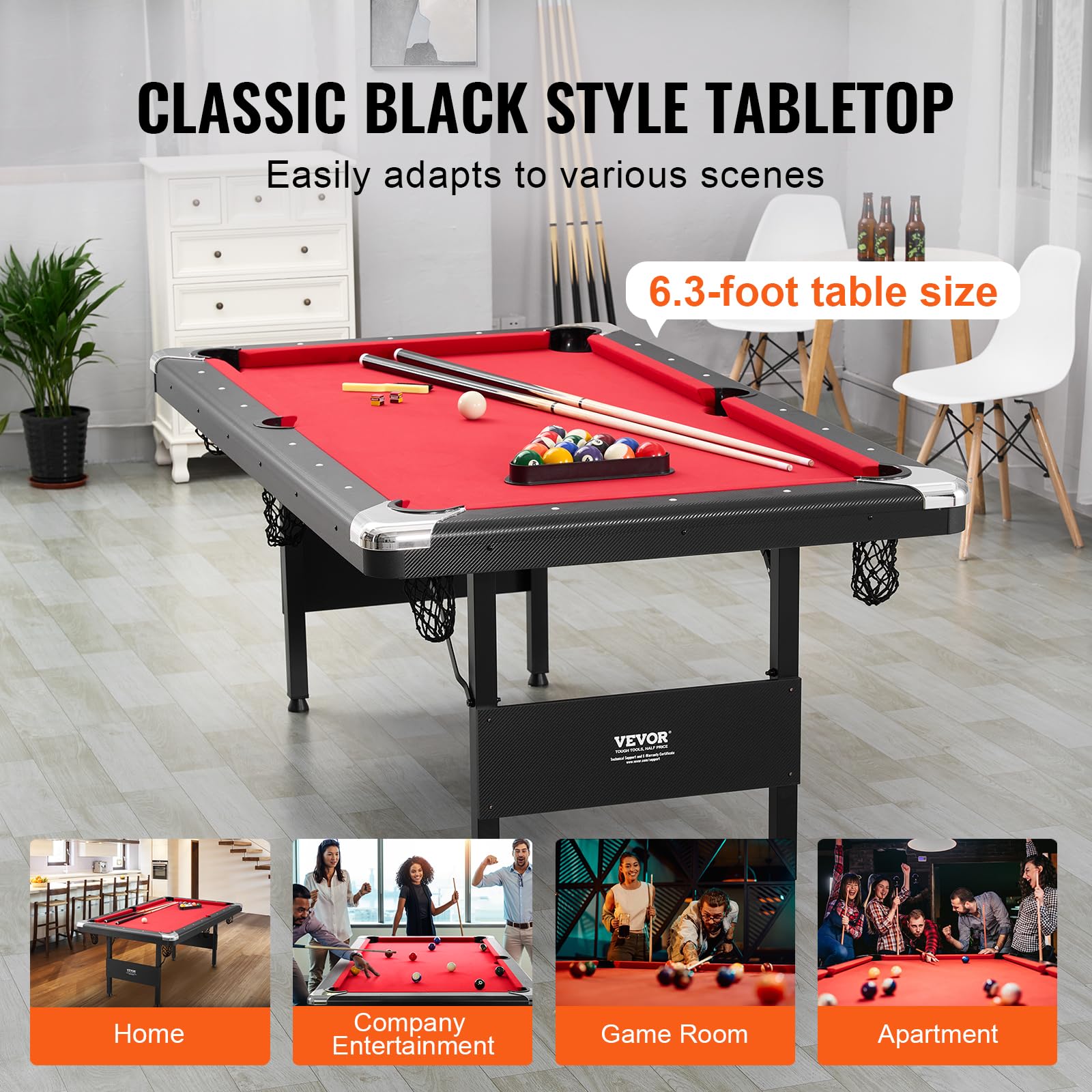VEVOR Tavolo da Biliardo 1,9 m, Tavolo Portatile e Pieghevole, Set da Biliardo con Palline, Stecche, Gesso, Nero con Panno Rosso, Perfetto per la Sala Giochi della Famiglia, Bambini e Adulti