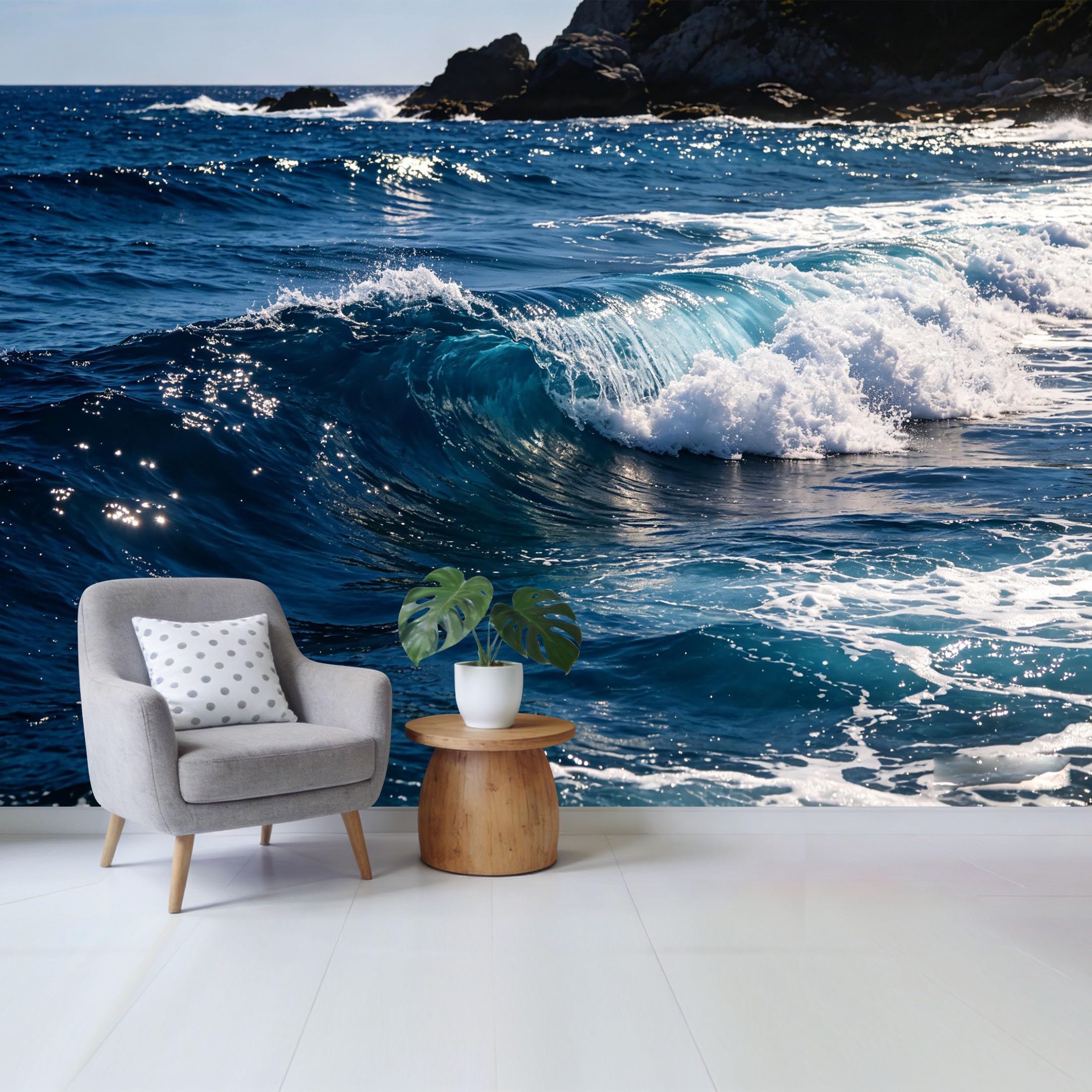 Qzlithotic Yq2605250170 Custom Size Wall Mural Blue Ocean Wave Crashing Coastal Scenery 3D Realistic Seascape Selfadhesive Wall Fabric Removable Wallpaper For Home Office Decor