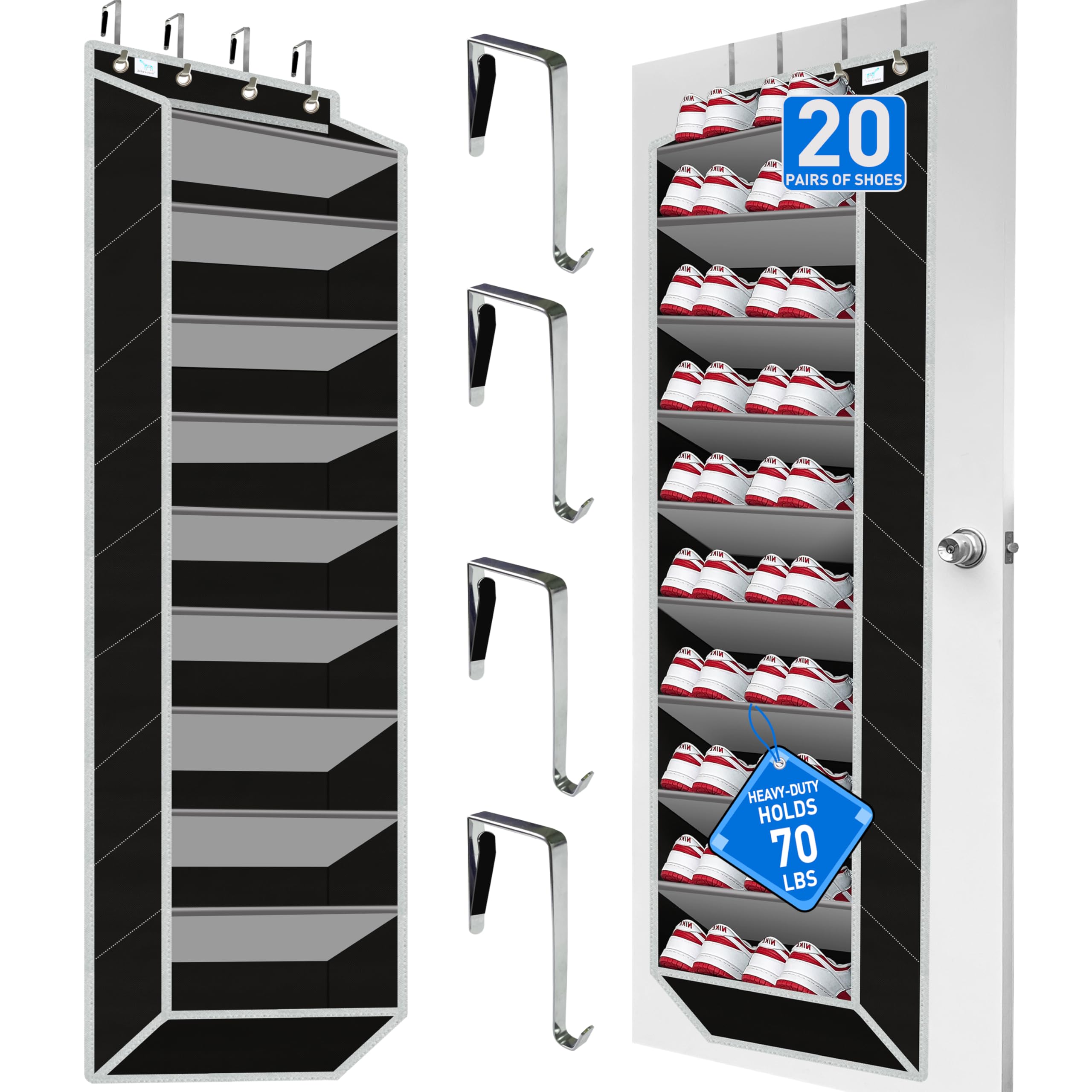 zebricolo,Heavy-Duty, Over The Door Shoe Organizer, Extra Large 10 Tiers, Over Door Shoe Organizer, Coated Hooks Grip Firmly Without Scratching Paint,
