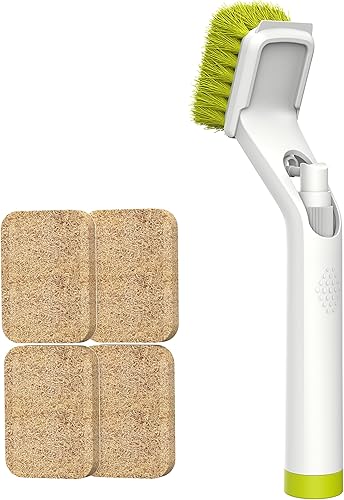 Cepillo dispensador de jabón con asa, cepillo EHOMGUI para limpiar platos, cocina y hogar, cepillo de cocina antiarañazos con 4 cabezales de
