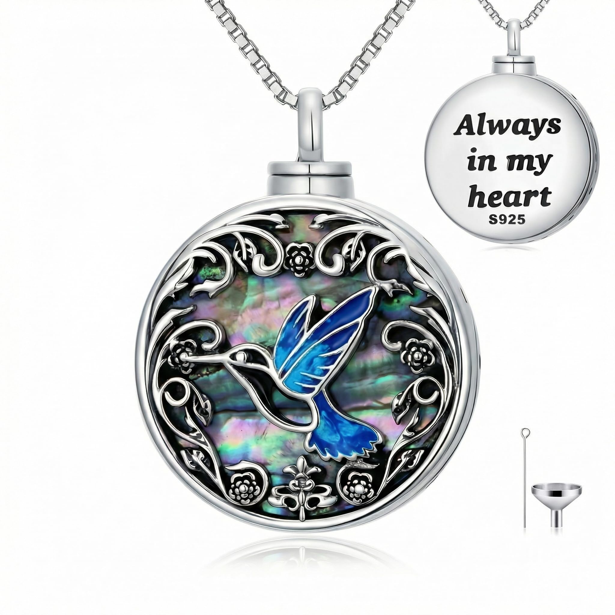 JKR Collana con ciondolo a forma di farfalla, libellula, coccinella, ape, colibrì, per ceneri da donna, in argento Sterling, con conchiglia di abalone, gioiello commemorativo per cremazione con imbuto