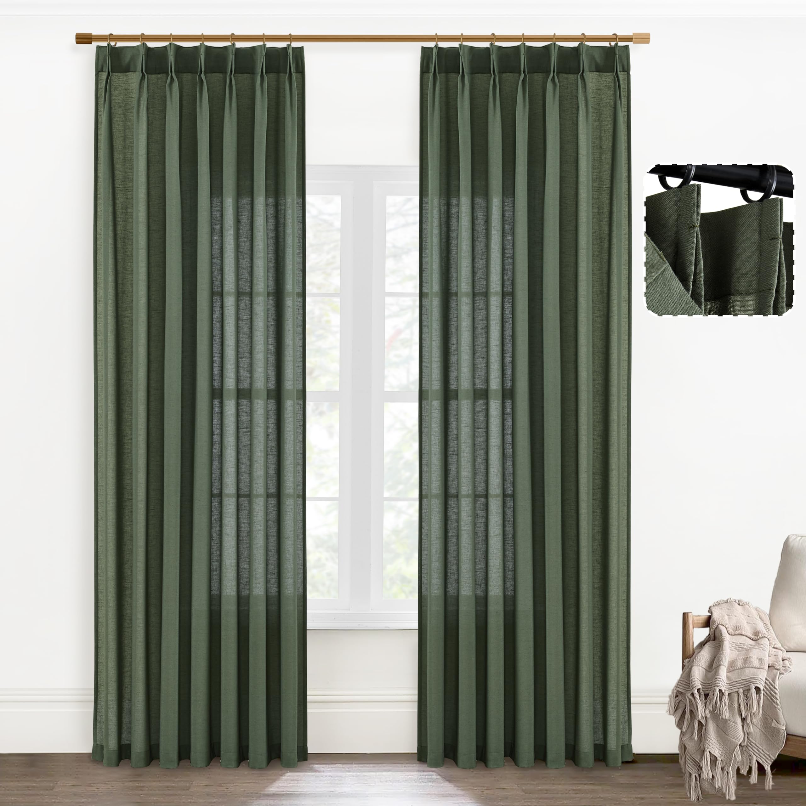 SHINELAND Olive Green Drapes 108 Inches Long 2 Panels for Patio Sliding Glass Door,Sheer Extra Wide Linen Pinch Pleated Boho Dark Academia Decor Moody Retro Vintage Curtains for Living Room