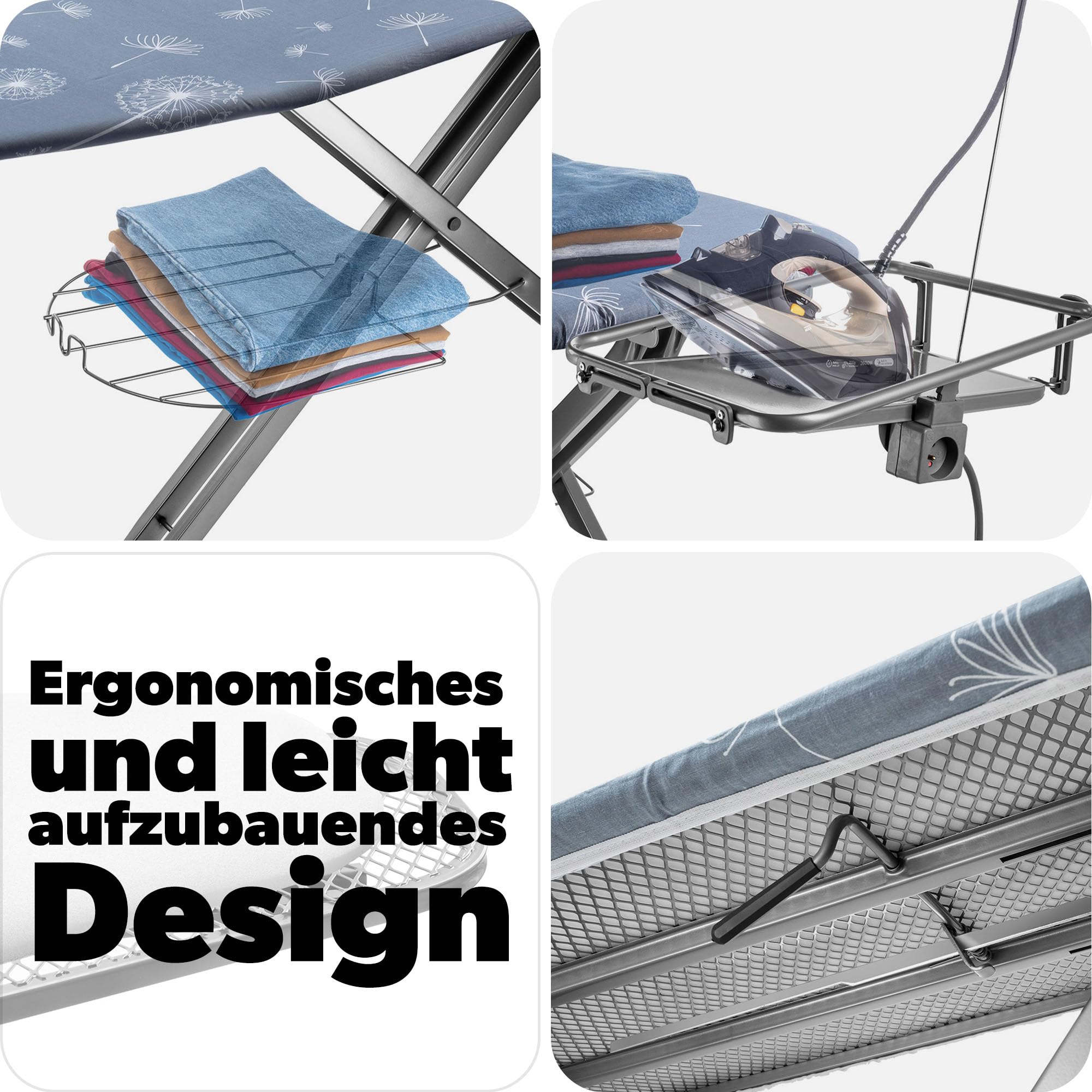 KADAX XXL Bügelbrett mit Ärmelbügelbrett 130x41cm & 53x13cm - Stabiler Dampfbügeltisch für Dampfbügelstation, breit, klappbar, höhenverstellbar, mit Bügeleisenablage & Steckdose