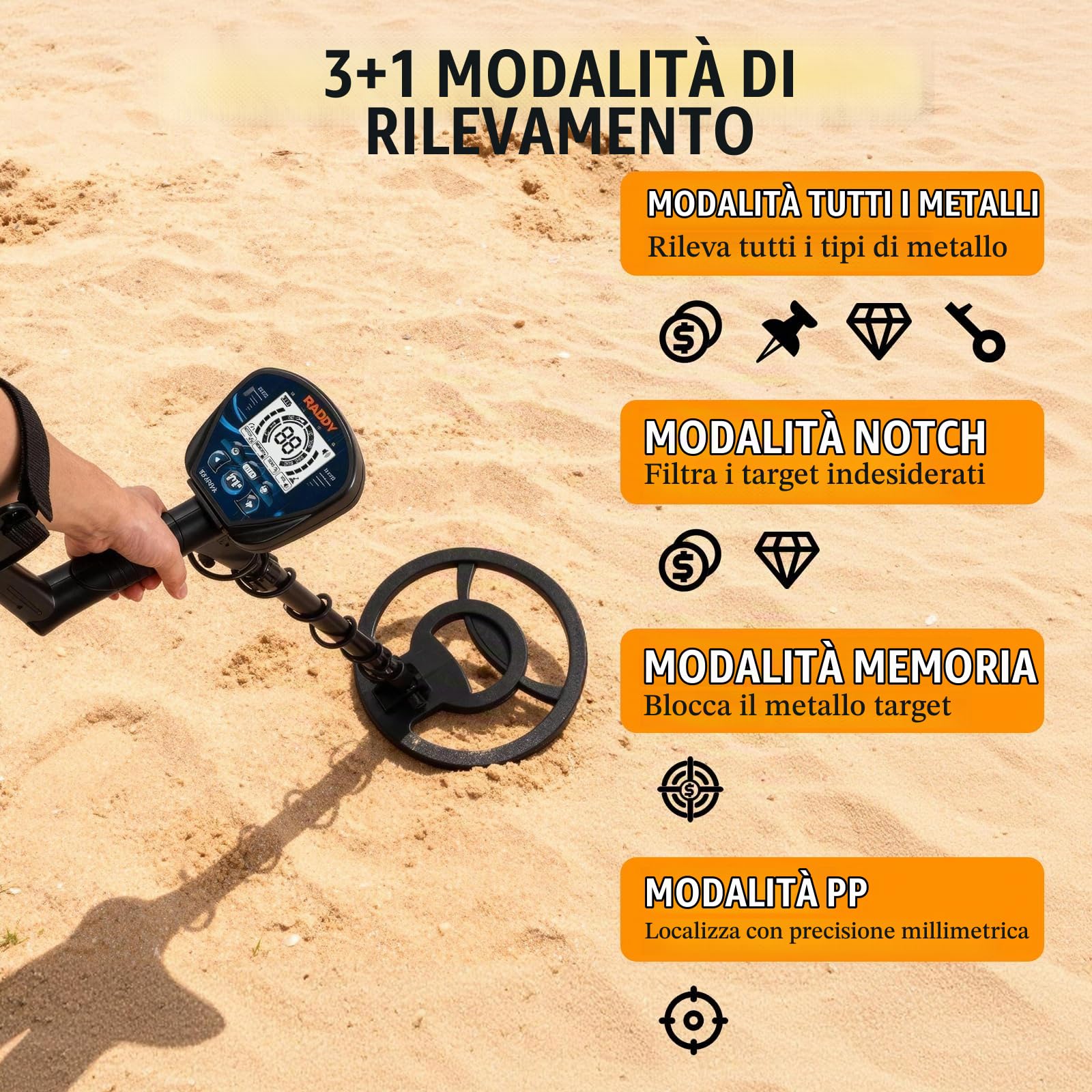 Raddy MD120A Rilevatore di Metalli Professionale per Adulti, Rilevatore d'Oro ad Alta Precisione con 4 Modalità, Bobina Impermeabile da 10" IPX7, Display LCD, Cuffie, Borsa e Pala per la Ricerca di