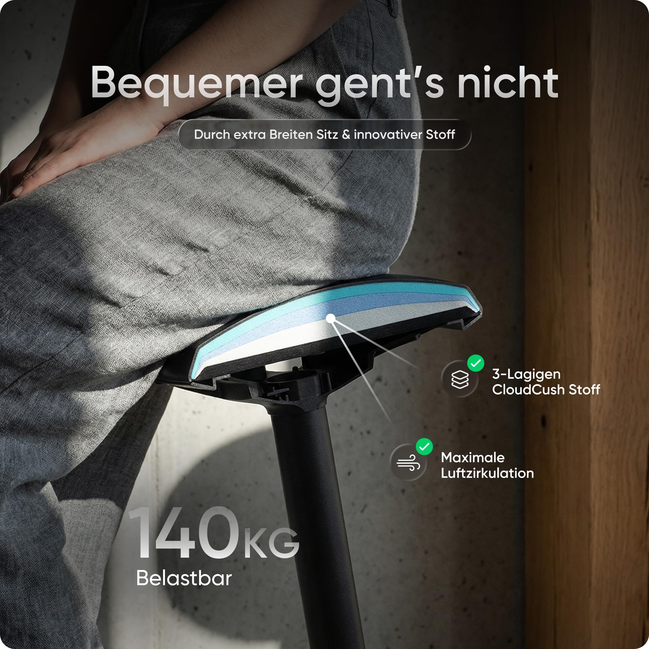 Motion Sitzhocker - Stehhocker höhenverstellbar, ergonomischer Hocker bis 140kg mit CushCloud-Polsterung, Gasfeder & 3D-Sitzmechanik, Bürohocker ergonomisch, Wackelhocker Stehstuhl (Schwarz)