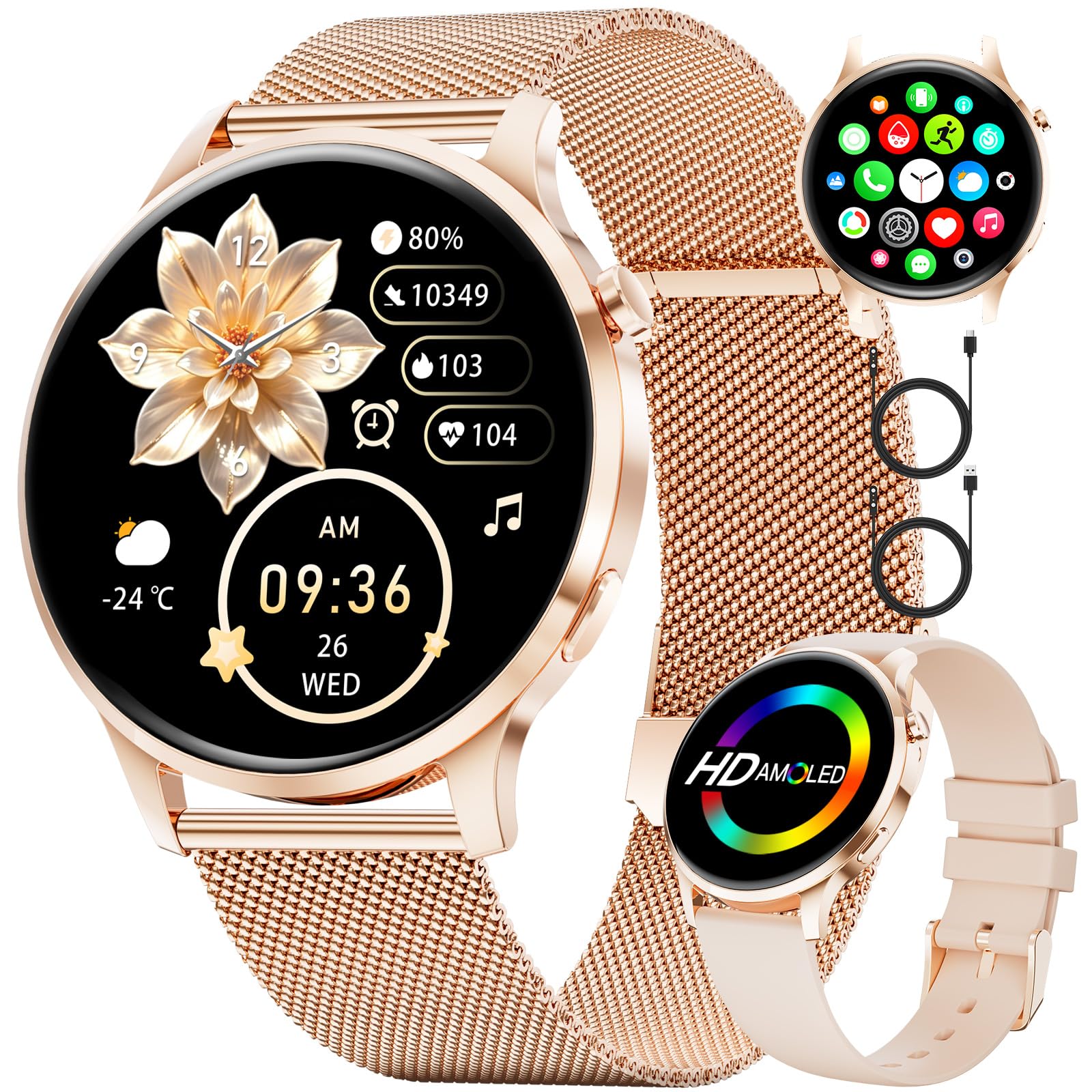 SUNKTA Montre Connectée Femme Smartwatch Sport: 1.32" AMOLED Smartwatch avec Appel Bluetooth, Elégante Montre Femmes pour iOS Android, 100+ Modes Sportifs, IP68，Fréquence Cardiaque/Sommeil, FV23-D
