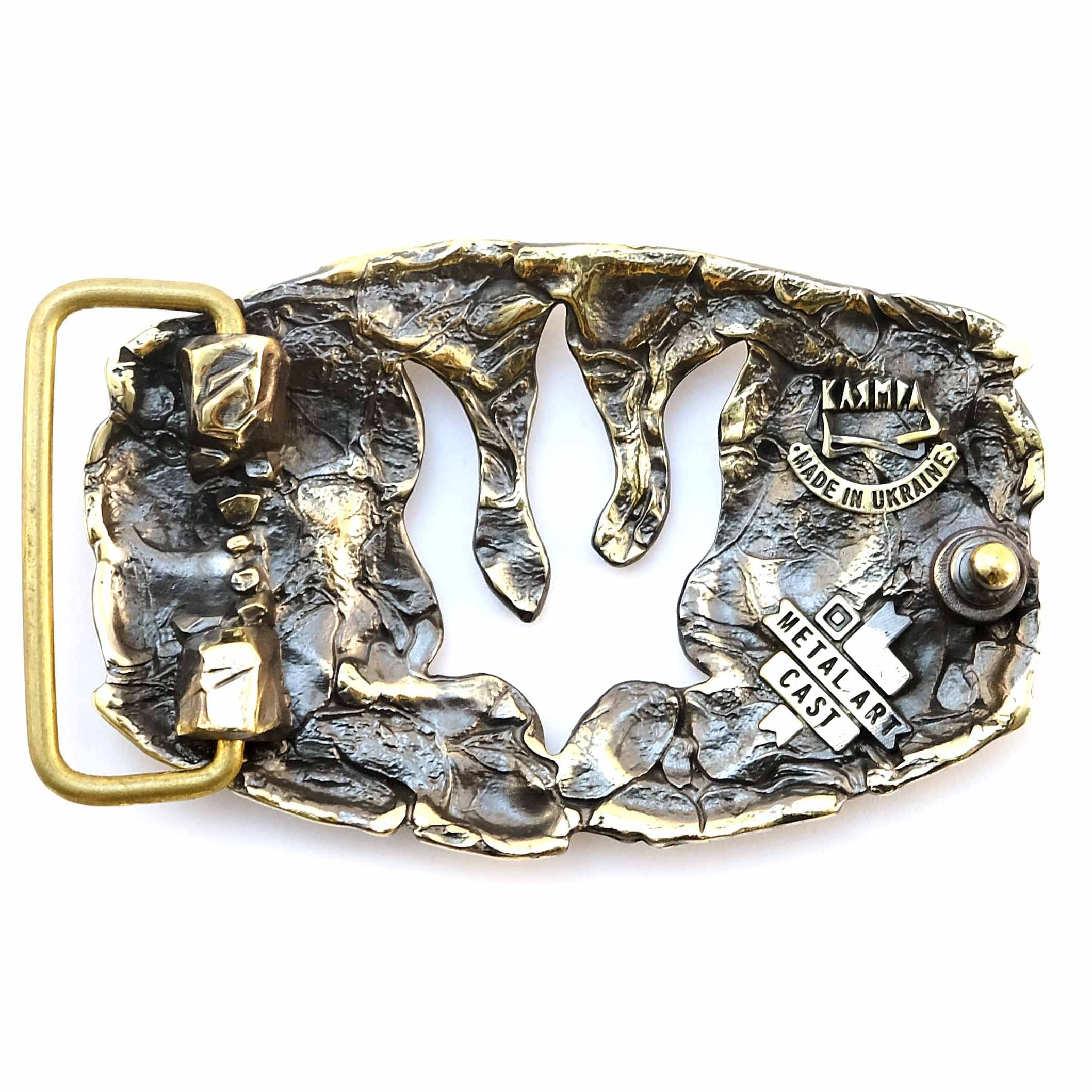 Belt buckle Lava Trident, Handmade art Ukrainian trident low poly geometric solid brass belt buckle for casual belt