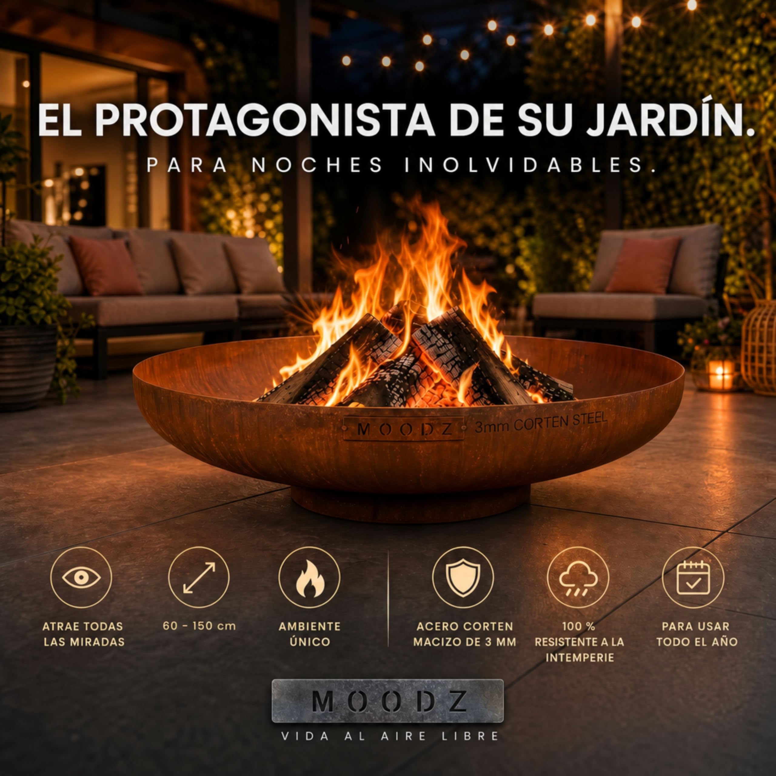 MOODZ Brasero de Exterior en Acero Corten Ø 100 cm - Pozo de Fuego Robusto de 3 mm de Espesor - Fogón de Jardín Resistente a la Intemperie - Gran Cuenco de Fuego para Terraza y Patio