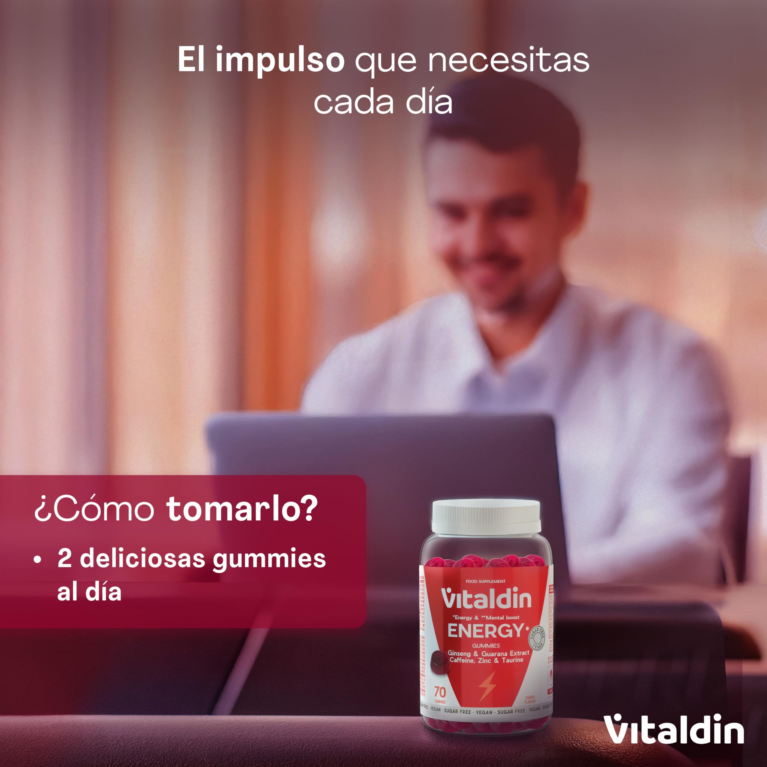 VITALDIN Energy Gummies –Gominolas Energéticas Veganas y Sin Azúcares añadidos–Con Ginseng,Guaraná,Cafeína,Taurina y Vitaminas B–Mejora la Concentración y Reduce la Fatiga–Sabor Cereza–70 gomas