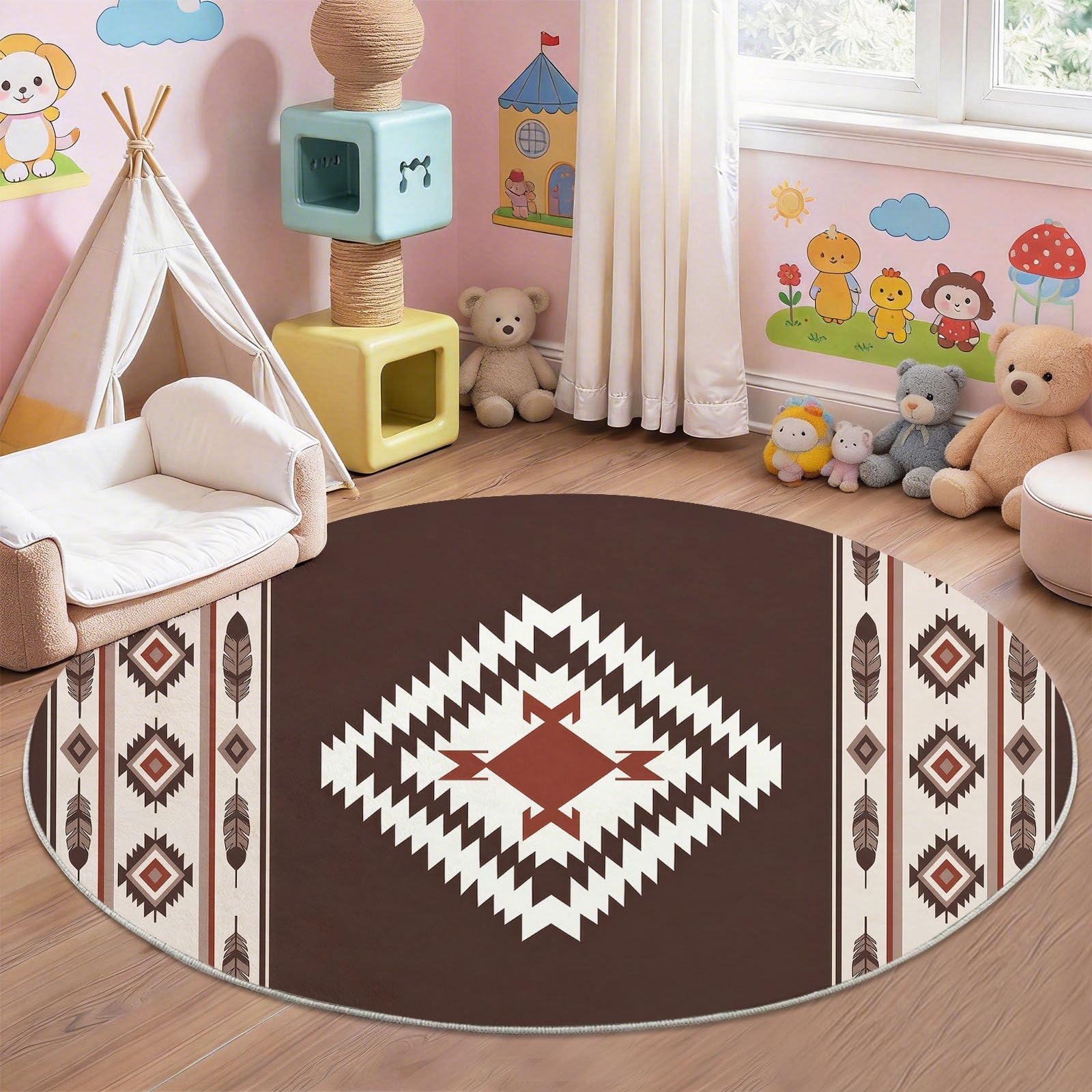 Tappeto rotondo in stile bohémien, lavabile, per soggiorno, 120 cm, a pelo corto, per tavolino da caffè, motivo geometrico, motivo geometrico, antiscivolo, per camera da letto e cameretta dei bambini