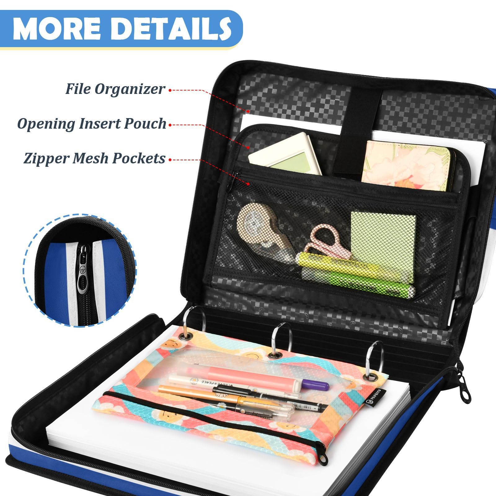 Bolsa de carpeta de 3 anillos con cremallera resistente al agua, organizador de portafolios impreso completo con anillos de 2 pulgadas, se adapta a laptop de 14 pulgadas para la escuela y la oficina
