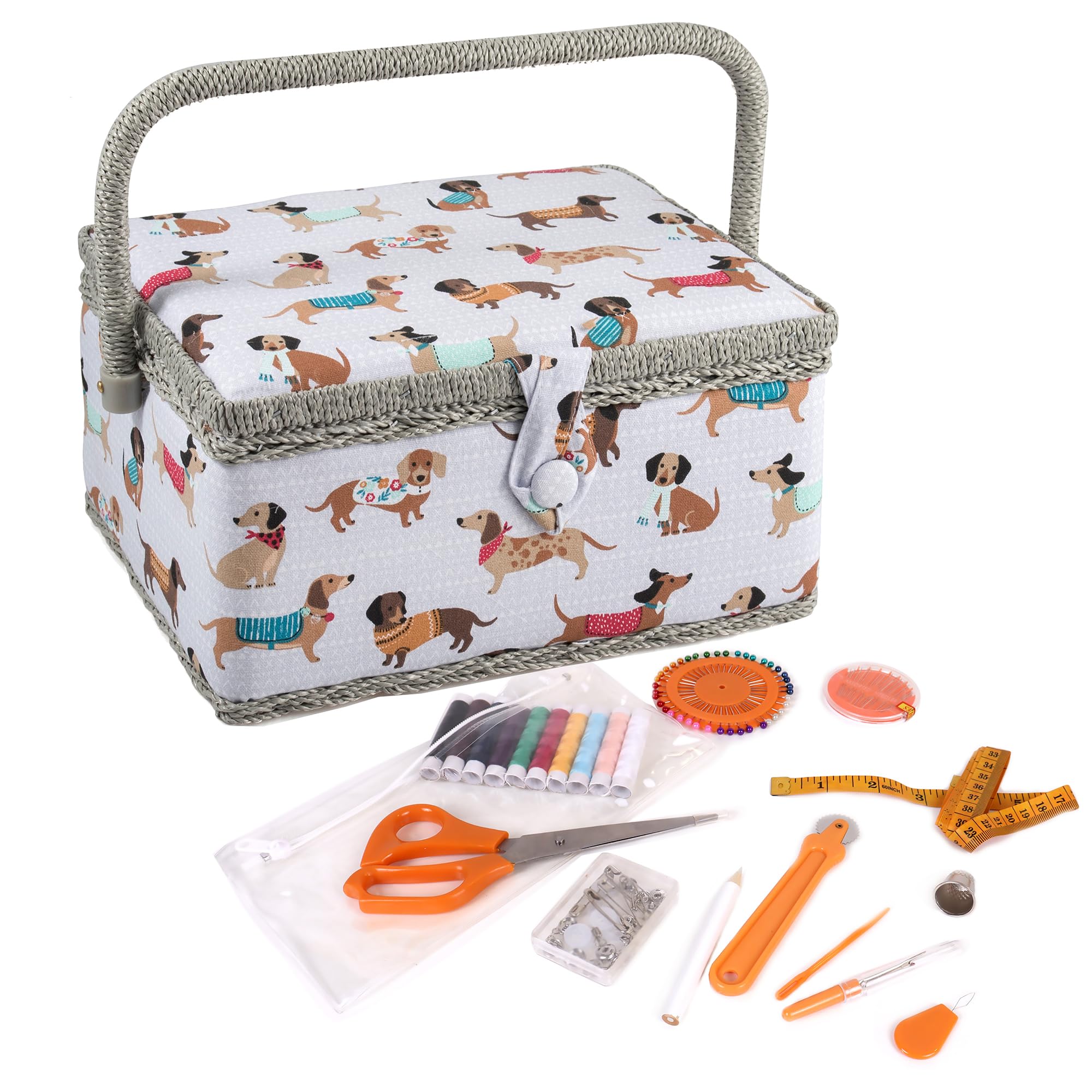 Hobby Gift Filled Sewing Box - Craft & Hobby Storage, Sewing Basket with 94 Piece Sewing Kit Included, Medium, Sausage Dog, 18.5 x 25.5 x 14.5cm