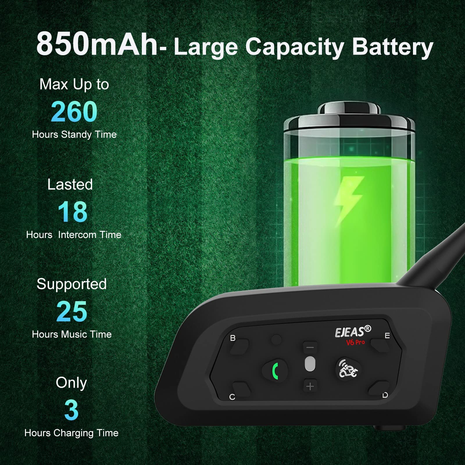 EJEAS V6C Casque Bluetooth Arbitre 850 mAh Full Duplex 1200 M Interphone Bluetooth sans Fil avec Casque et Bracelet de Course pour Soccer Hockey Rugby Sport, USB-C (1 pièce)