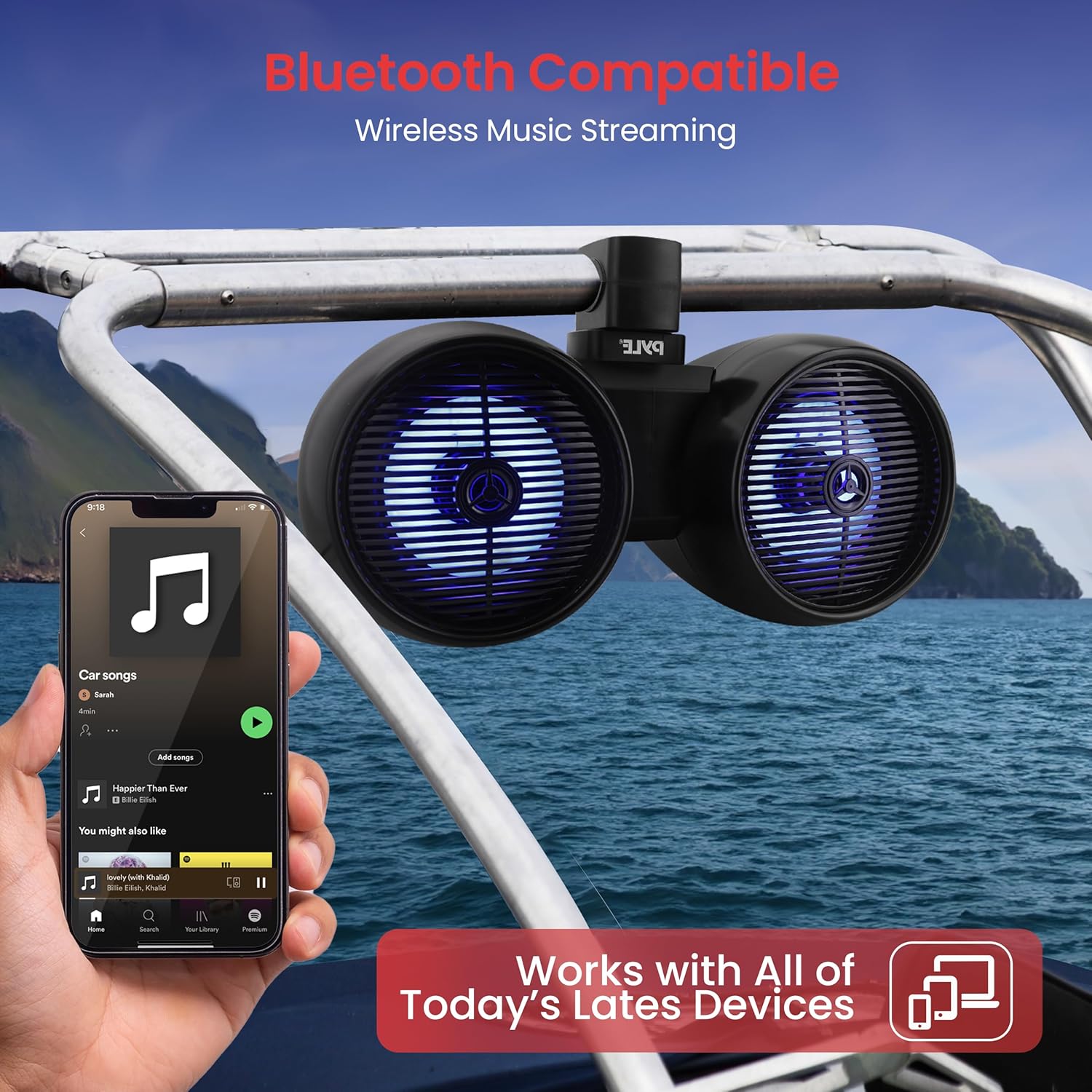 A smartphone displaying a music app, with Pyle marine speakers in the background, indicating Bluetooth compatibility.