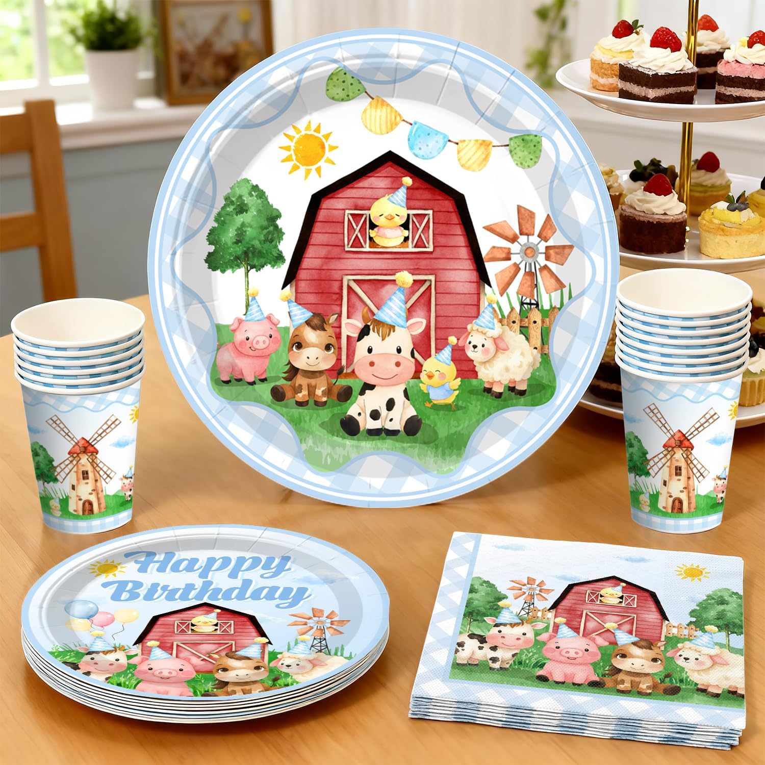 Xynic 205 Pcs Farm Animal Birthday Decorations Set - Serves 25 Guests - All-in-One Farm Party Decorations Kit with Banner, Cake Toppers, 350gsm Plates, Tablecloths, Backdrop, and Honeycombs