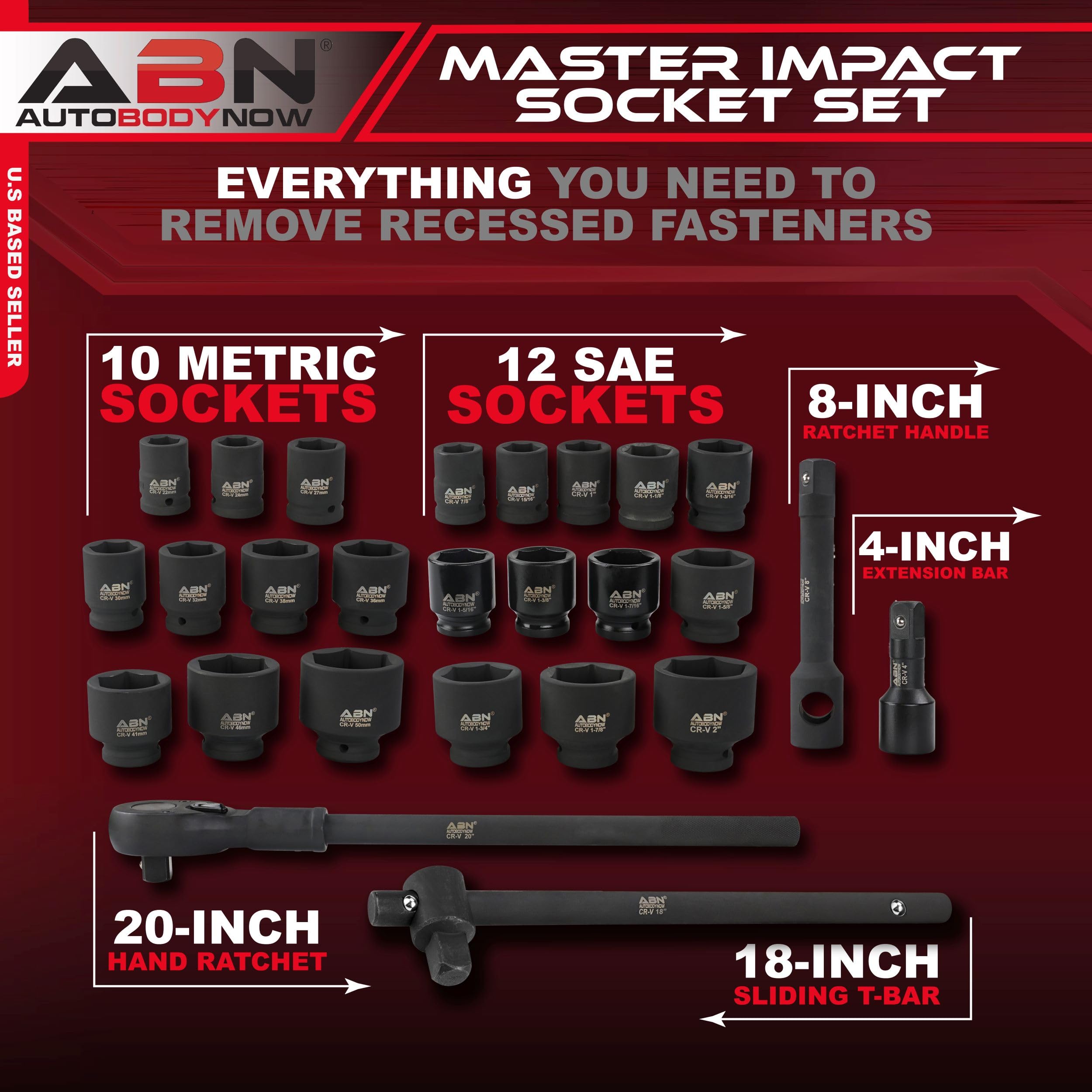 ABN Master Impact Socket Set - 27 Piece 3/4in Drive Jumbo Standard SAE 7/8 to 2 Inch and Metric 22 to 50mm Sockets with Extensions