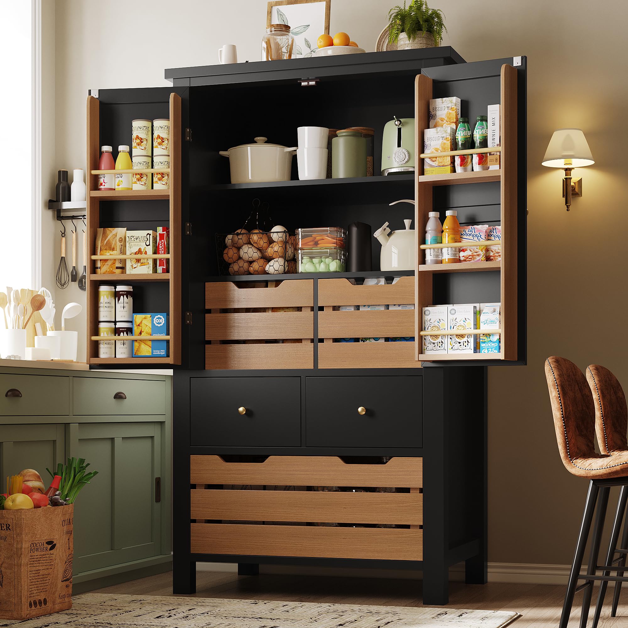 Kebnor Mobiletto da Cucina (80x40x140cm), credenza da cucina alta, credenza multiuso, mobiletto per snack, mobile di stoccaggio con due ante e cinque cassetti (nero)