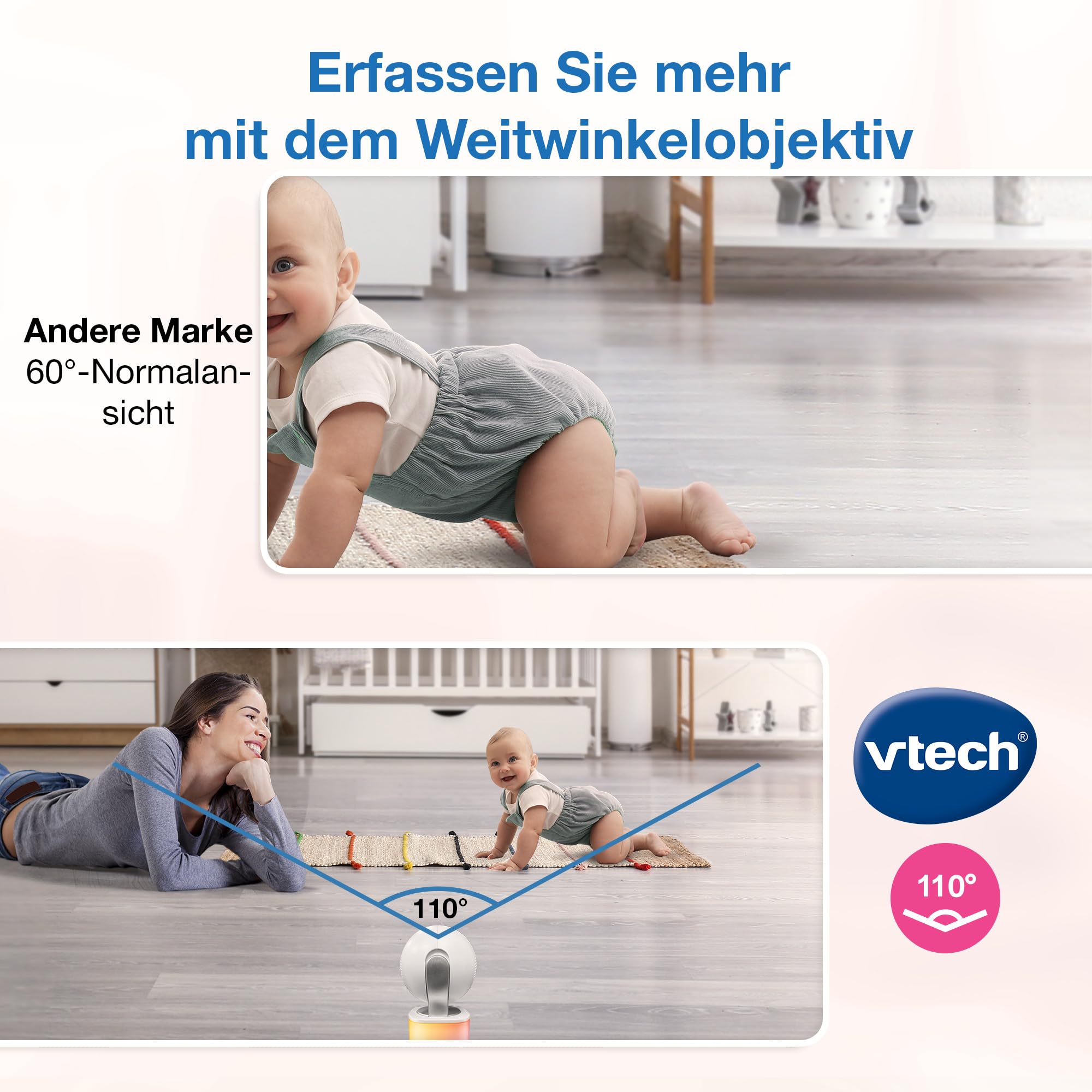VTech Video-Babyphone mit 7" Farb-LCD-Bildschirm,360°-Panoramablick,Schwenken/Kippen/Zoom,Wiegenlieder&beruhigende Geräusche,Nachtlicht,Gegensprechfunktion,Touch-Bedienung,VM7468-2 mit Zwei Kameras