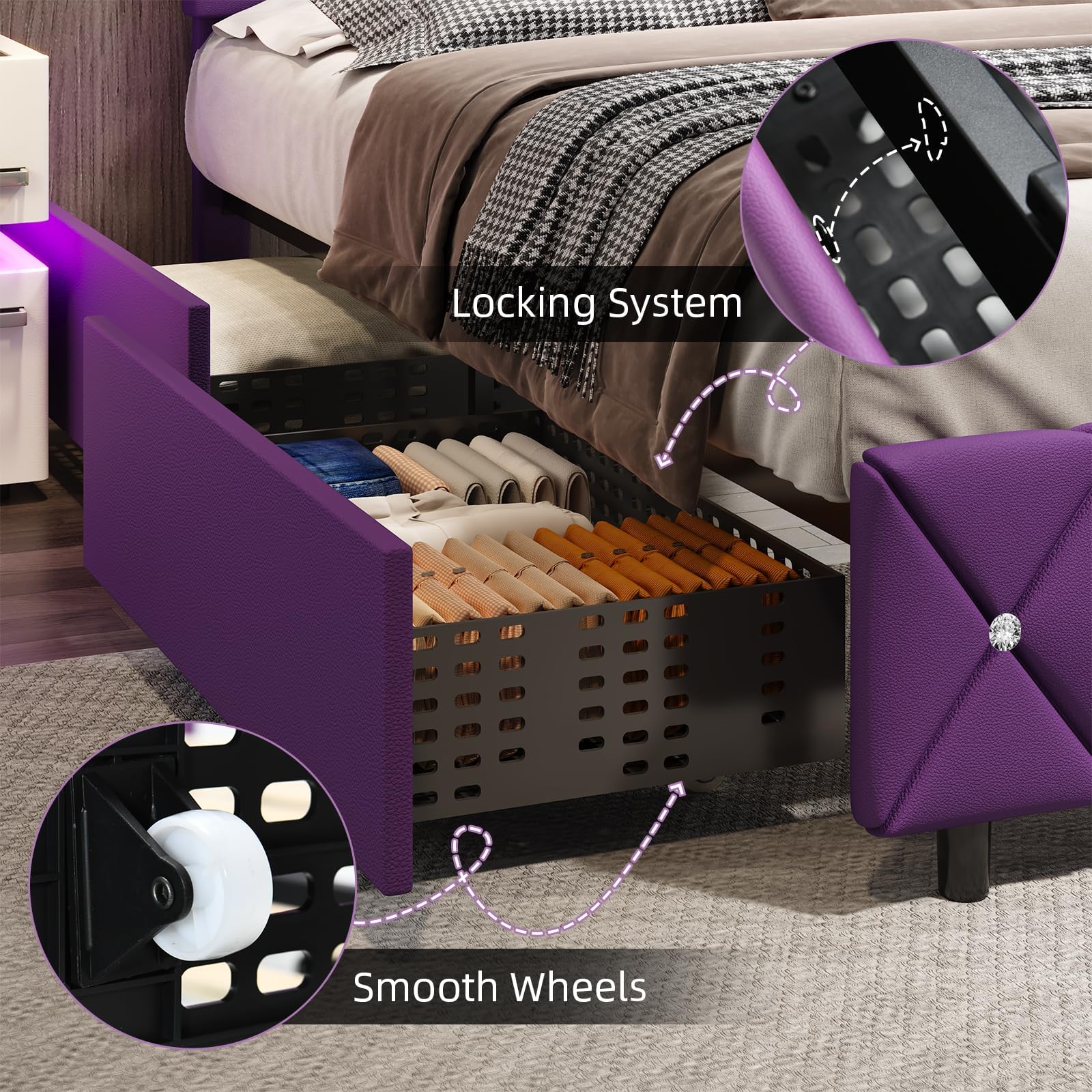 BarnFurin Full Size Bed Frame with Headboard, Faux Leather Upholstered Bed with Diamond Tufted Design, Mordern Bed Frame with Wooden Slats Suppor, No Box Spring Required, Easy Assembly, Purple