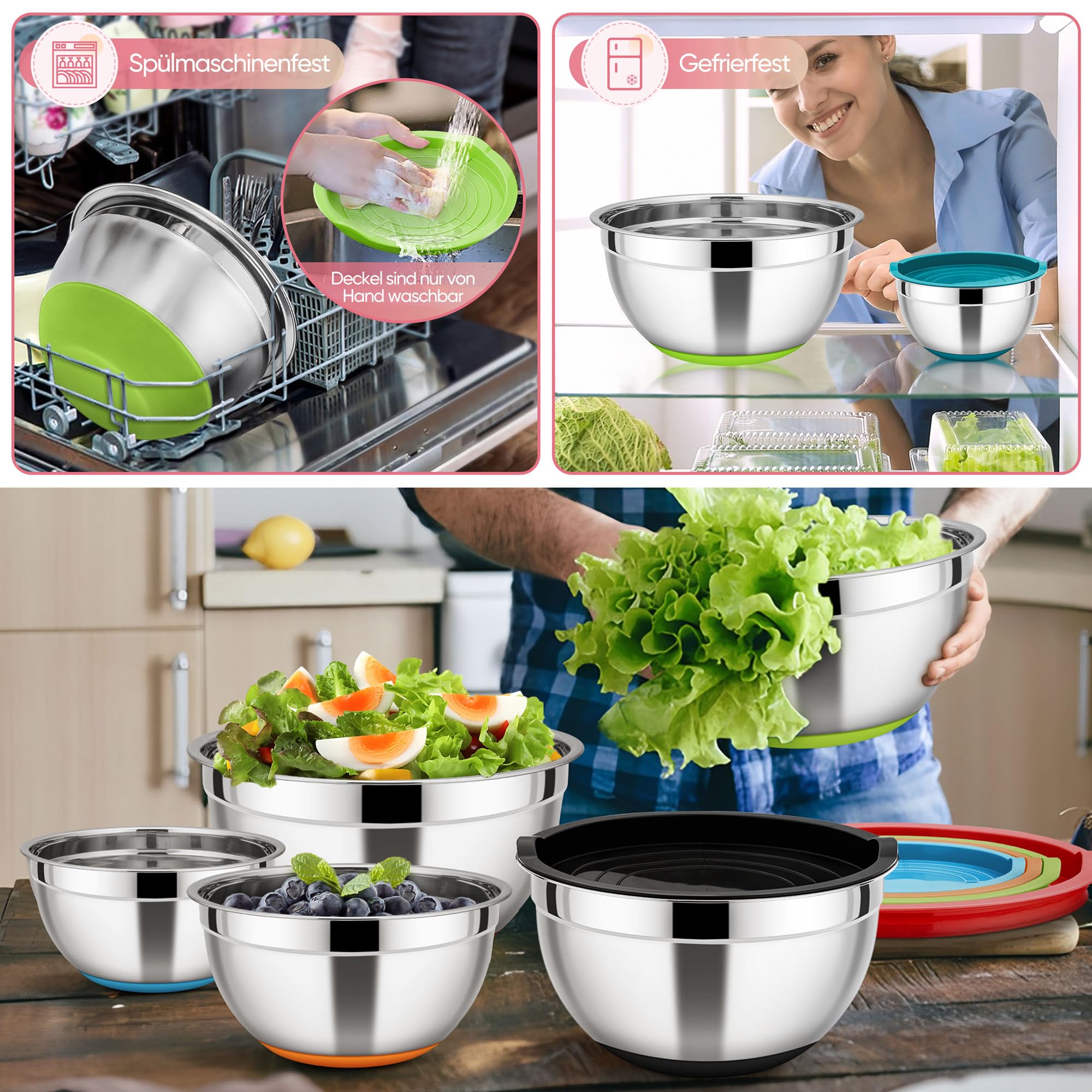 HaWare,Set di 5 ciotole in metallo 100% acciaio inox con coperchio ermetico, segni di scala, resistenti e lavabili in lavastoviglie, 5 l, 4 l, ideale per cucinare, cuocere e conservare gli alimenti